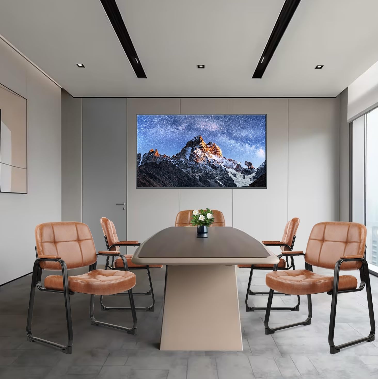 image:imageCLATINA Leather Office Guest Waiting Room Chair Sets of 4 Reception Chair No Wheels with Armrests and Lumber Support Stationary Desk Armchair for Meeting Conference Lobby Shool Study GreyBrownseldbase500lbs