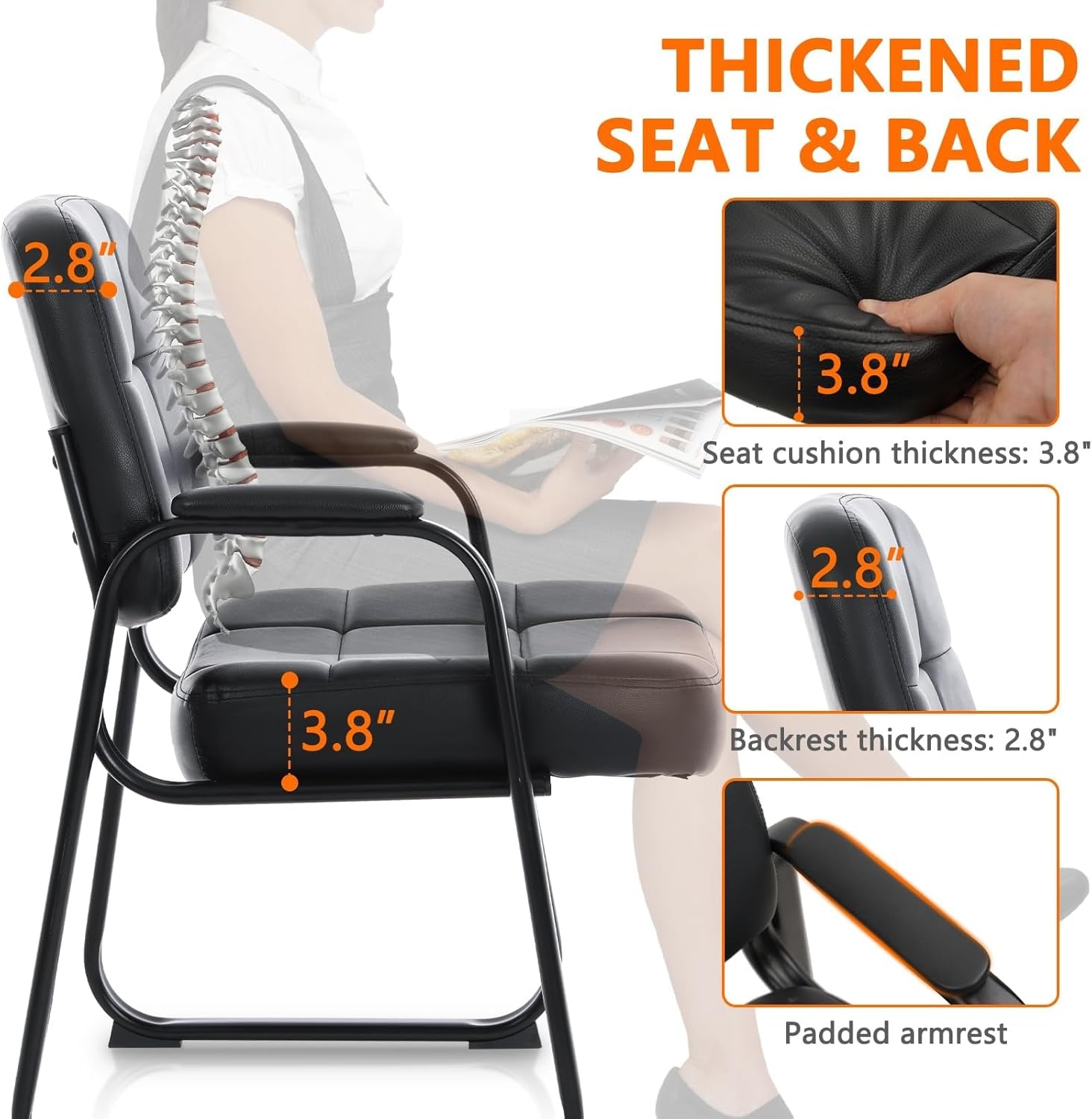 image:imageCLATINA Leather Office Guest Waiting Room Chair Sets of 4 Reception Chair No Wheels with Armrests and Lumber Support Stationary Desk Armchair for Meeting Conference Lobby Shool Study GreyBlackseldbase500lbs