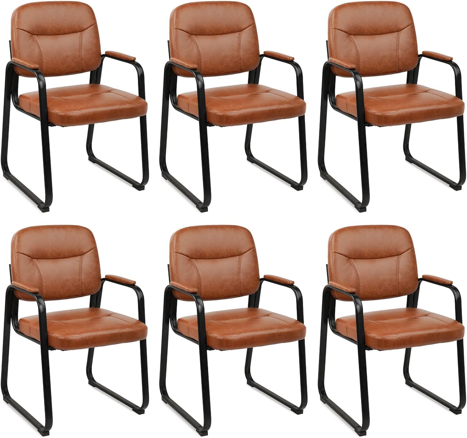 image:imageCLATINA Leather Office Guest Waiting Room Chair Sets of 4 Reception Chair No Wheels with Armrests and Lumber Support Stationary Desk Armchair for Meeting Conference Lobby Shool Study GreyBrownsled Base