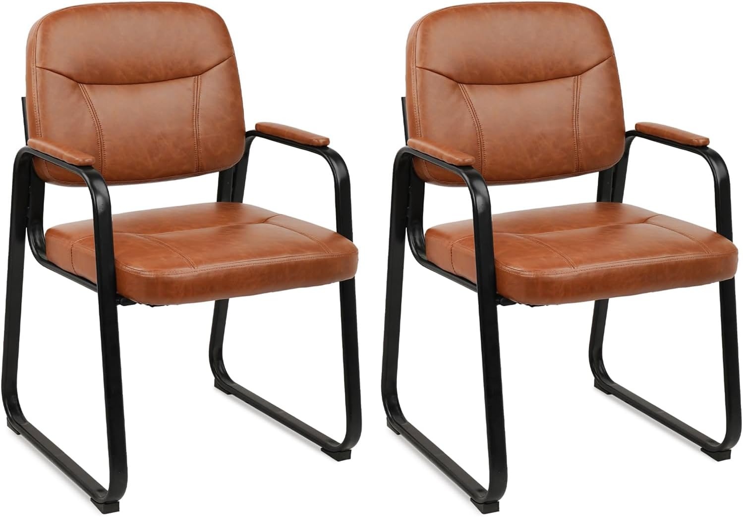 image:imageCLATINA Leather Office Guest Waiting Room Chair Sets of 4 Reception Chair No Wheels with Armrests and Lumber Support Stationary Desk Armchair for Meeting Conference Lobby Shool Study GreyBrownsled Base