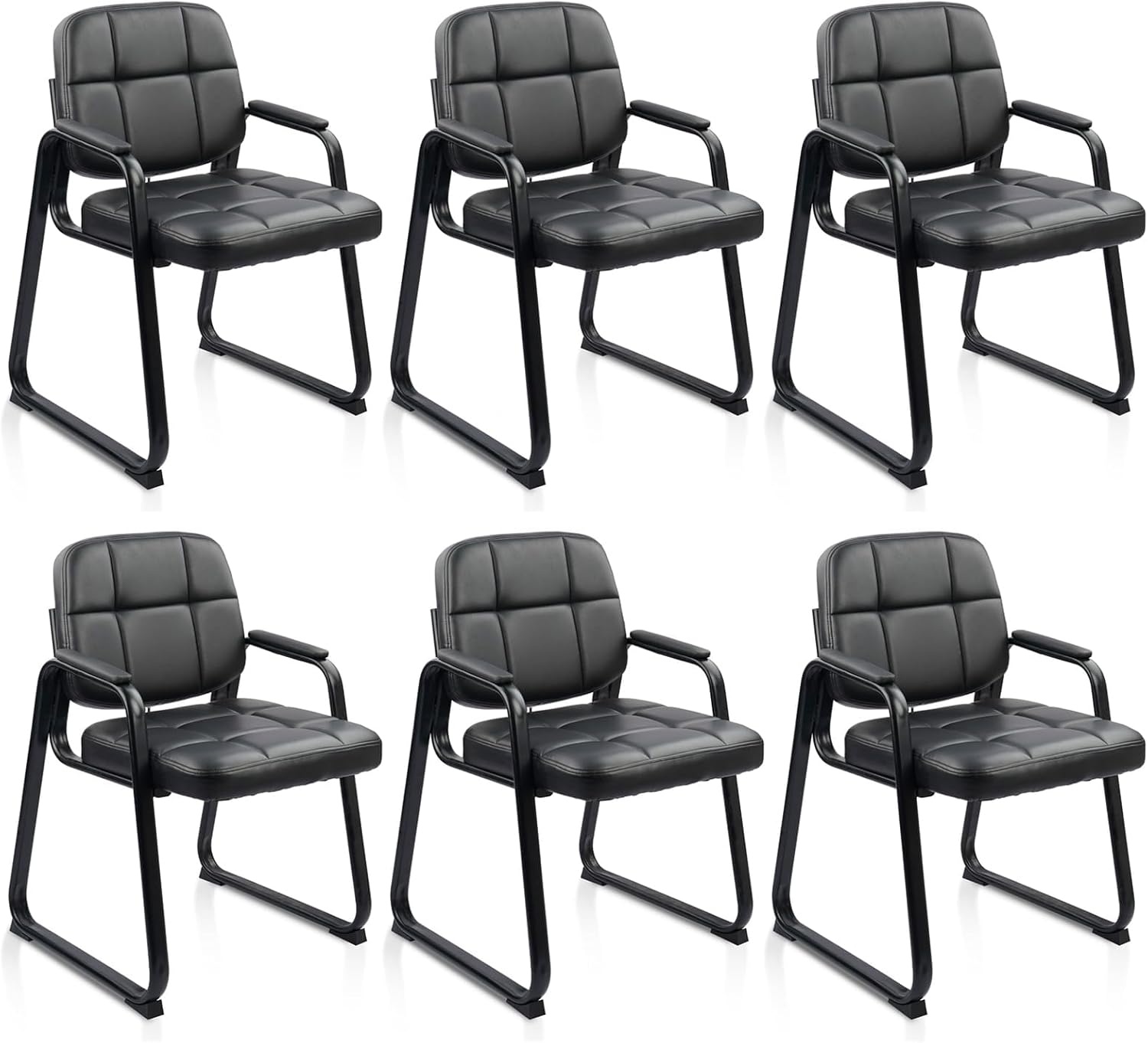 image:imageCLATINA Leather Office Guest Waiting Room Chair Sets of 4 Reception Chair No Wheels with Armrests and Lumber Support Stationary Desk Armchair for Meeting Conference Lobby Shool Study GreyBlacksled Base
