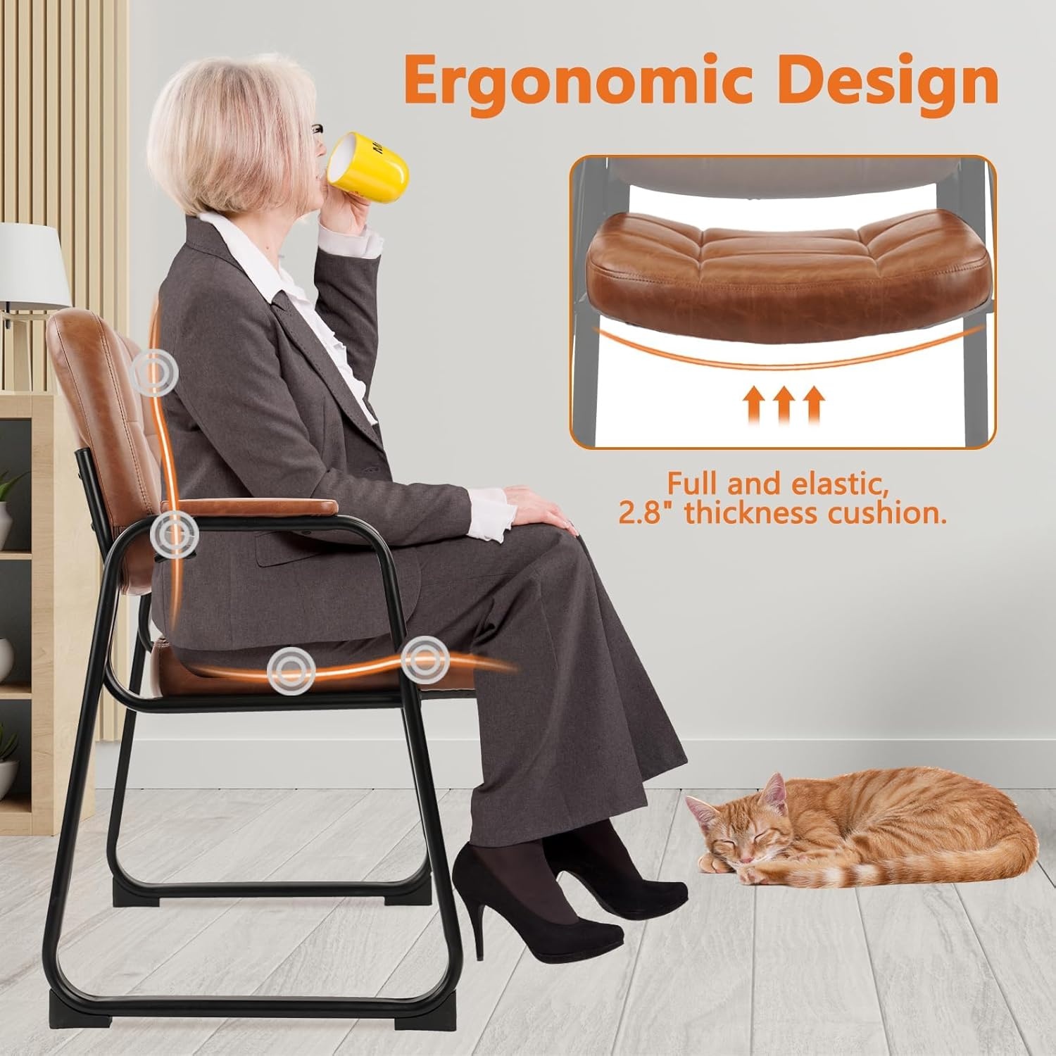 image:imageCLATINA Leather Office Guest Waiting Room Chair Sets of 4 Reception Chair No Wheels with Armrests and Lumber Support Stationary Desk Armchair for Meeting Conference Lobby Shool Study GreyBrownseldbase500lbs