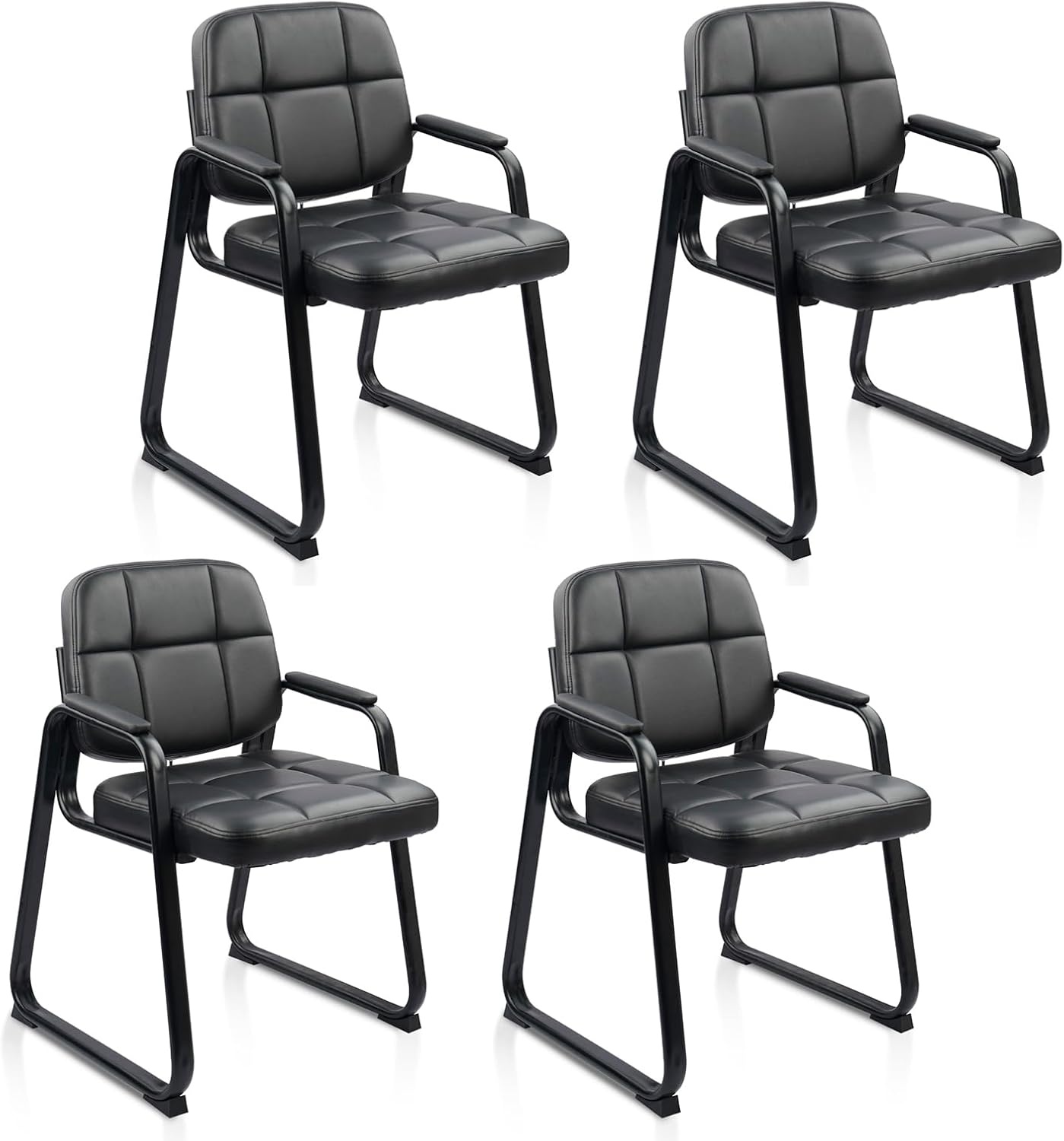 image:imageCLATINA Leather Office Guest Waiting Room Chair Sets of 4 Reception Chair No Wheels with Armrests and Lumber Support Stationary Desk Armchair for Meeting Conference Lobby Shool Study GreyBlacksled Base