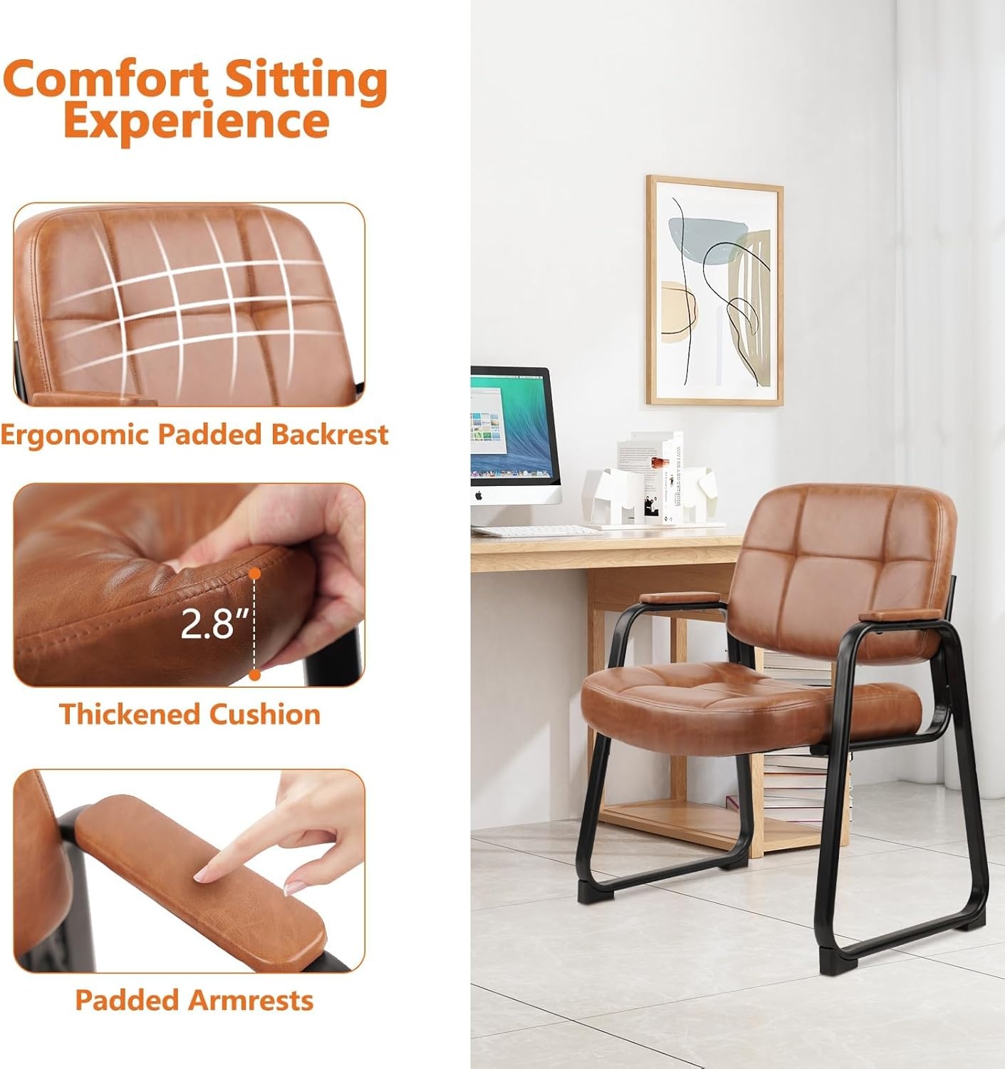 image:imageCLATINA Leather Office Guest Waiting Room Chair Sets of 4 Reception Chair No Wheels with Armrests and Lumber Support Stationary Desk Armchair for Meeting Conference Lobby Shool Study GreyBrownseldbase500lbs