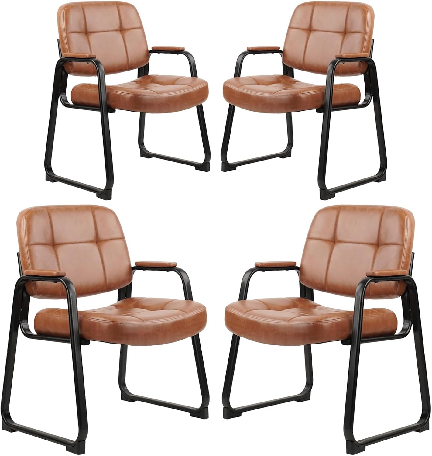 image:imageCLATINA Leather Office Guest Waiting Room Chair Sets of 4 Reception Chair No Wheels with Armrests and Lumber Support Stationary Desk Armchair for Meeting Conference Lobby Shool Study GreyBrownseldbase500lbs