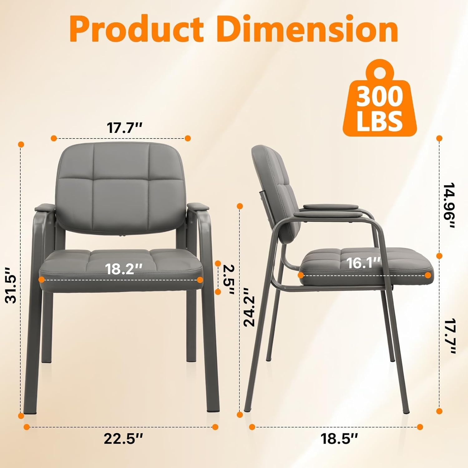 image:imageCLATINA Leather Office Guest Waiting Room Chair Sets of 4 Reception Chair No Wheels with Armrests and Lumber Support Stationary Desk Armchair for Meeting Conference Lobby Shool Study GreyGrey