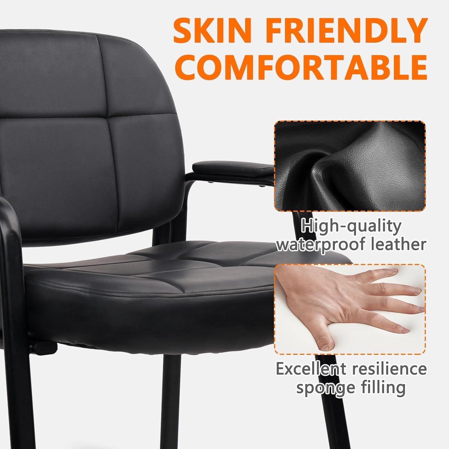 image:imageCLATINA Leather Office Guest Waiting Room Chair Sets of 4 Reception Chair No Wheels with Armrests and Lumber Support Stationary Desk Armchair for Meeting Conference Lobby Shool Study GreyBlack500lbs