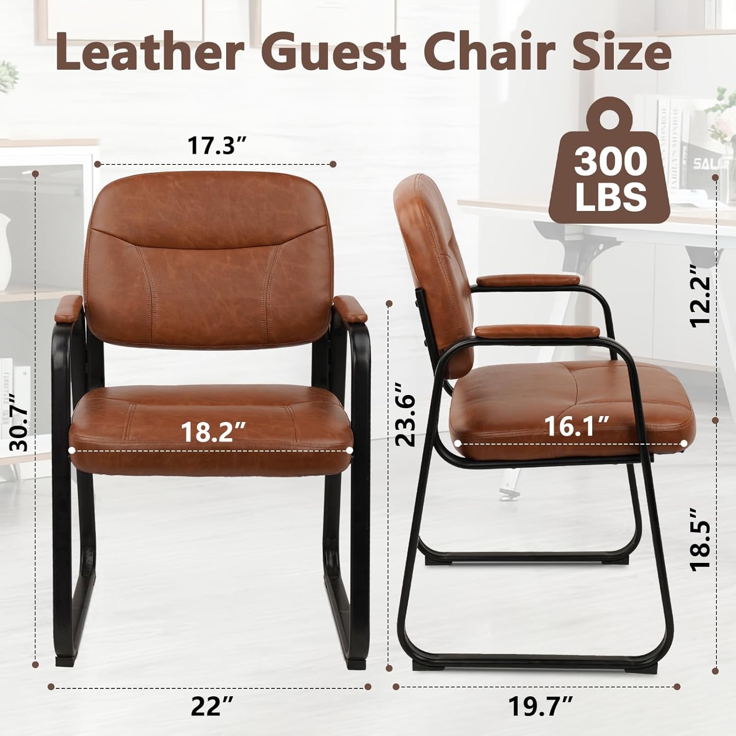 image:imageCLATINA Leather Office Guest Waiting Room Chair Sets of 4 Reception Chair No Wheels with Armrests and Lumber Support Stationary Desk Armchair for Meeting Conference Lobby Shool Study GreyBrownsled Base