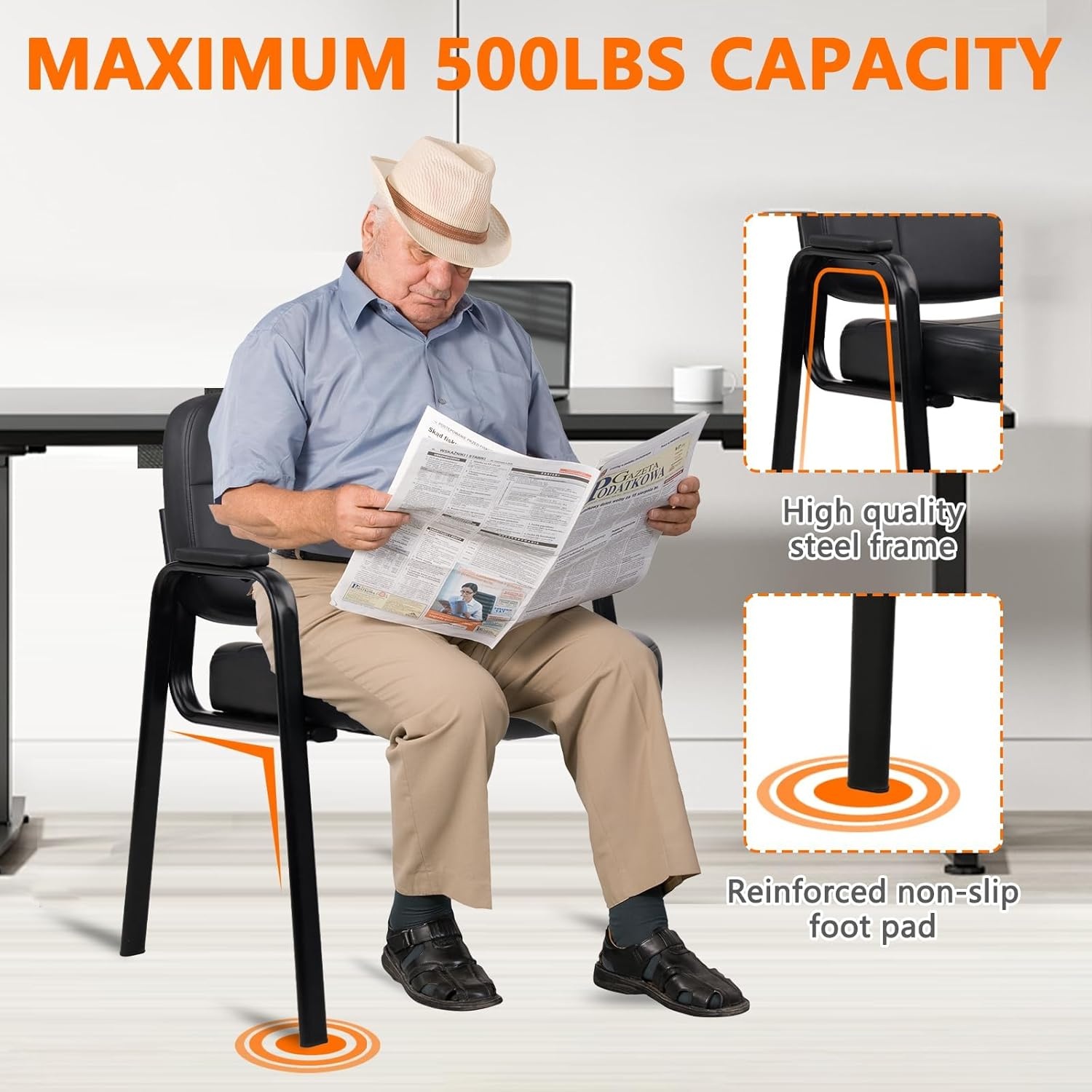 image:imageCLATINA Leather Office Guest Waiting Room Chair Sets of 4 Reception Chair No Wheels with Armrests and Lumber Support Stationary Desk Armchair for Meeting Conference Lobby Shool Study GreyBlack500lbs