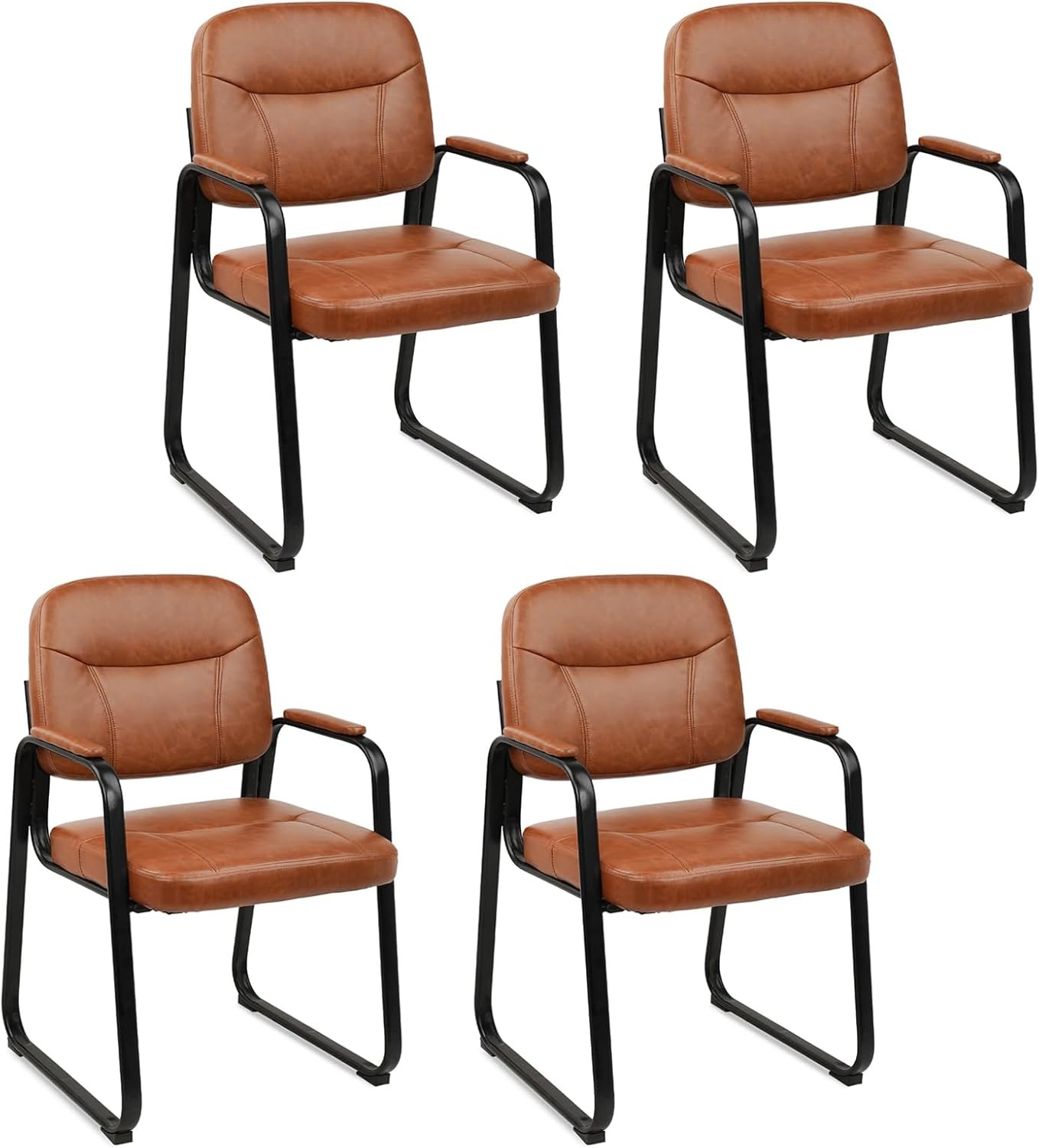 image:imageCLATINA Leather Office Guest Waiting Room Chair Sets of 4 Reception Chair No Wheels with Armrests and Lumber Support Stationary Desk Armchair for Meeting Conference Lobby Shool Study GreyBrownsled Base