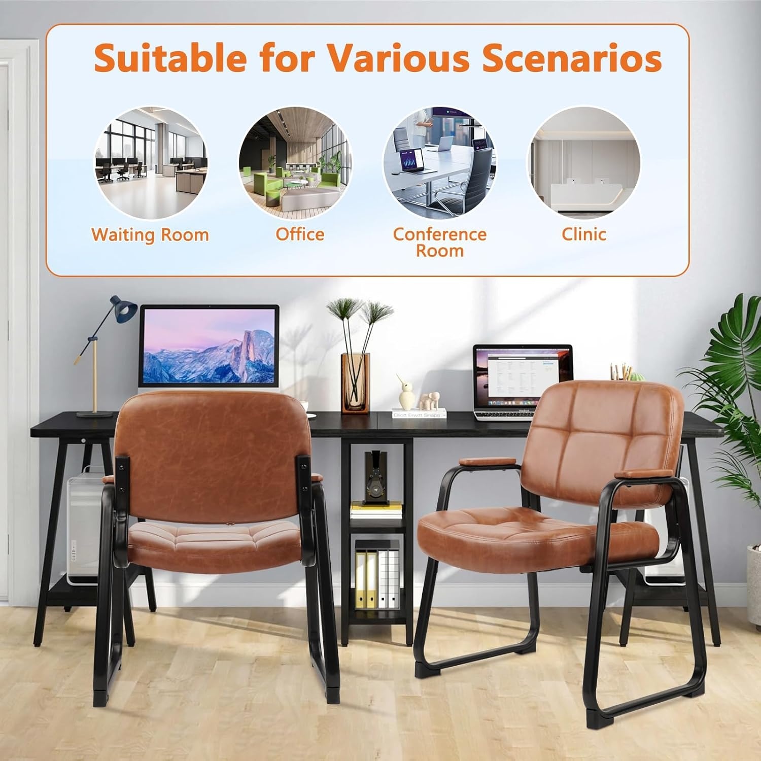 image:imageCLATINA Leather Office Guest Waiting Room Chair Sets of 4 Reception Chair No Wheels with Armrests and Lumber Support Stationary Desk Armchair for Meeting Conference Lobby Shool Study GreyBrownseldbase500lbs