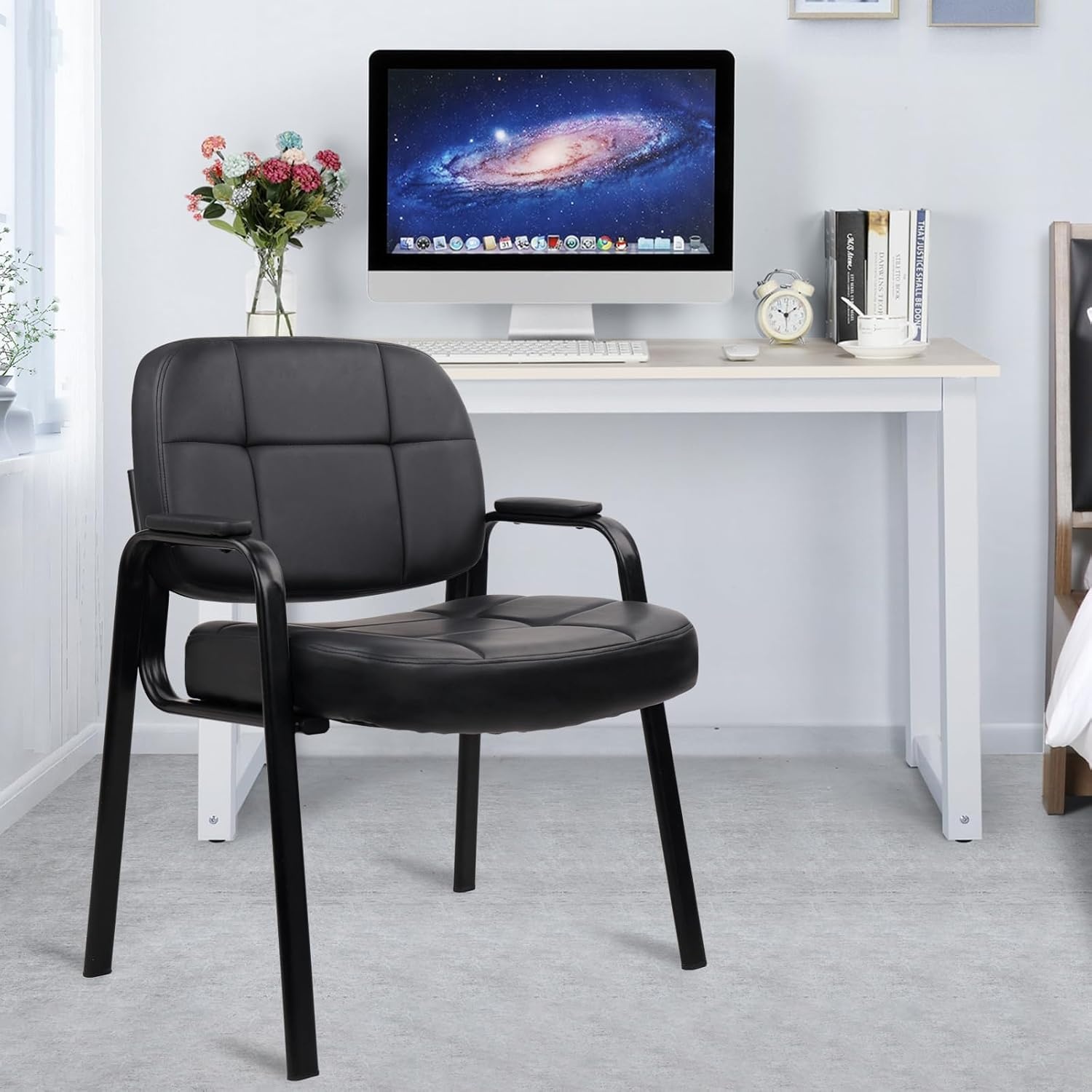 image:imageCLATINA Leather Office Guest Waiting Room Chair Sets of 4 Reception Chair No Wheels with Armrests and Lumber Support Stationary Desk Armchair for Meeting Conference Lobby Shool Study GreyBlack500lbs