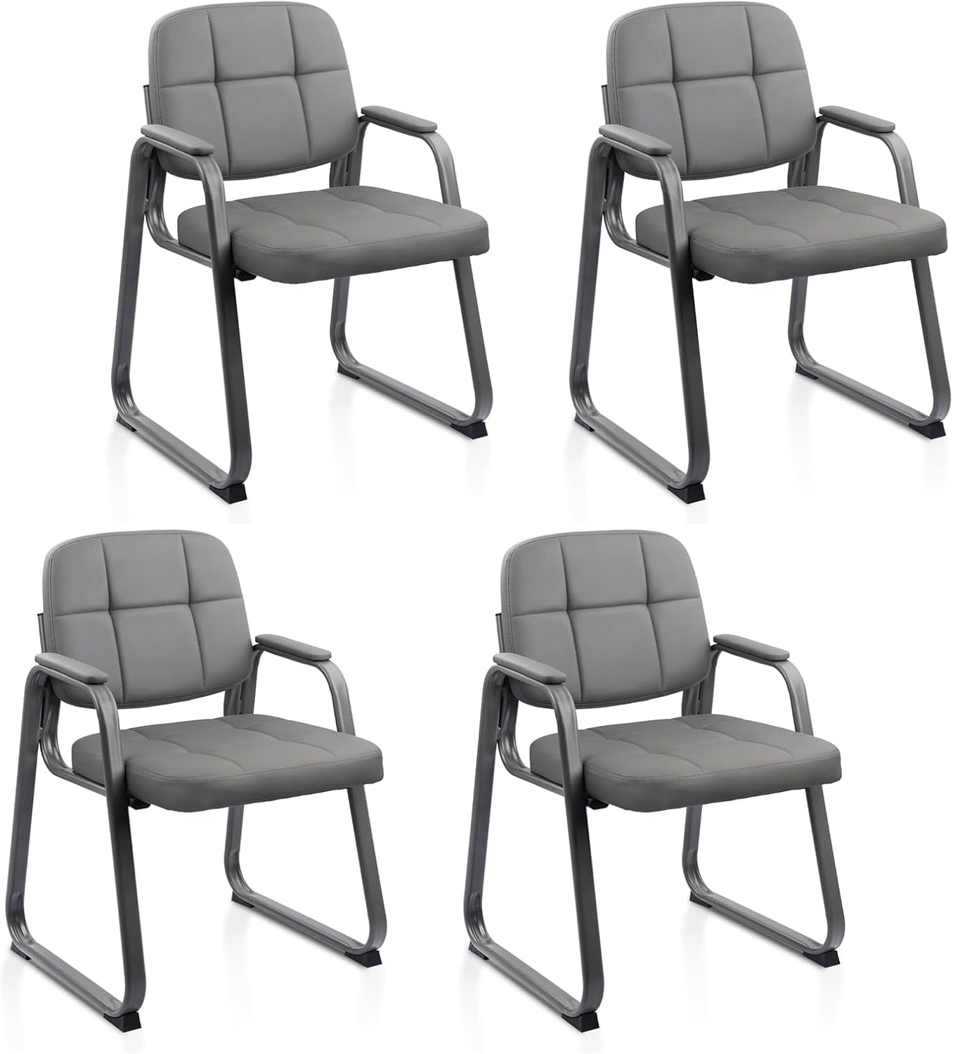 image:imageCLATINA Leather Office Guest Waiting Room Chair Sets of 4 Reception Chair No Wheels with Armrests and Lumber Support Stationary Desk Armchair for Meeting Conference Lobby Shool Study GreyGreysled Base