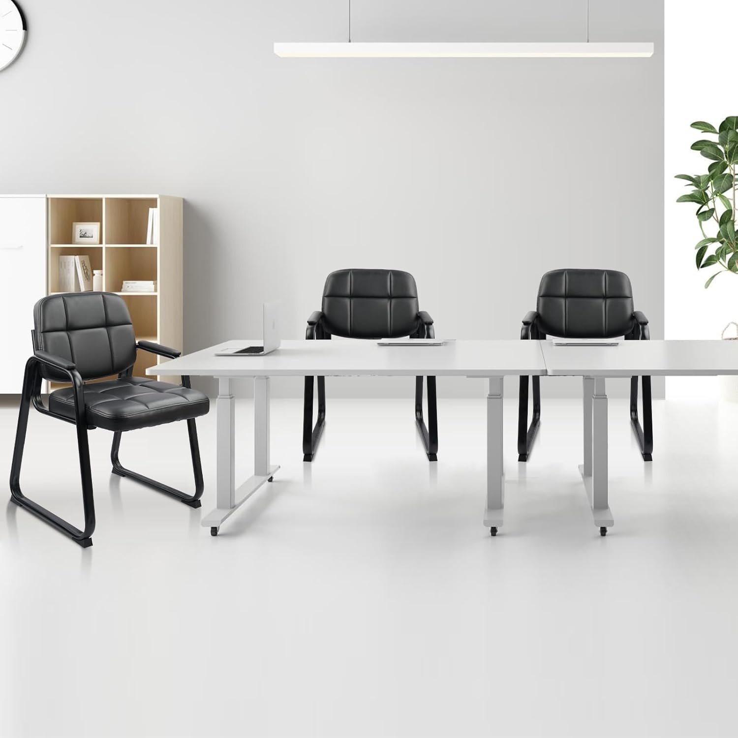 image:imageCLATINA Leather Office Guest Waiting Room Chair Sets of 4 Reception Chair No Wheels with Armrests and Lumber Support Stationary Desk Armchair for Meeting Conference Lobby Shool Study GreyBlacksled Base