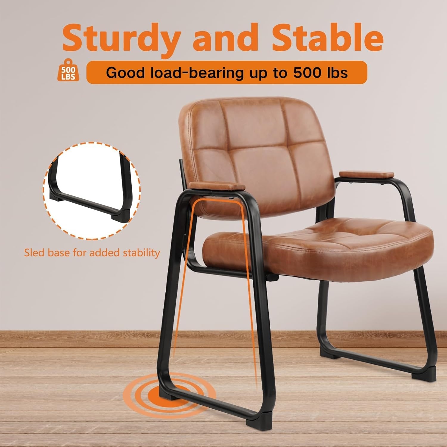 image:imageCLATINA Leather Office Guest Waiting Room Chair Sets of 4 Reception Chair No Wheels with Armrests and Lumber Support Stationary Desk Armchair for Meeting Conference Lobby Shool Study GreyBrownseldbase500lbs