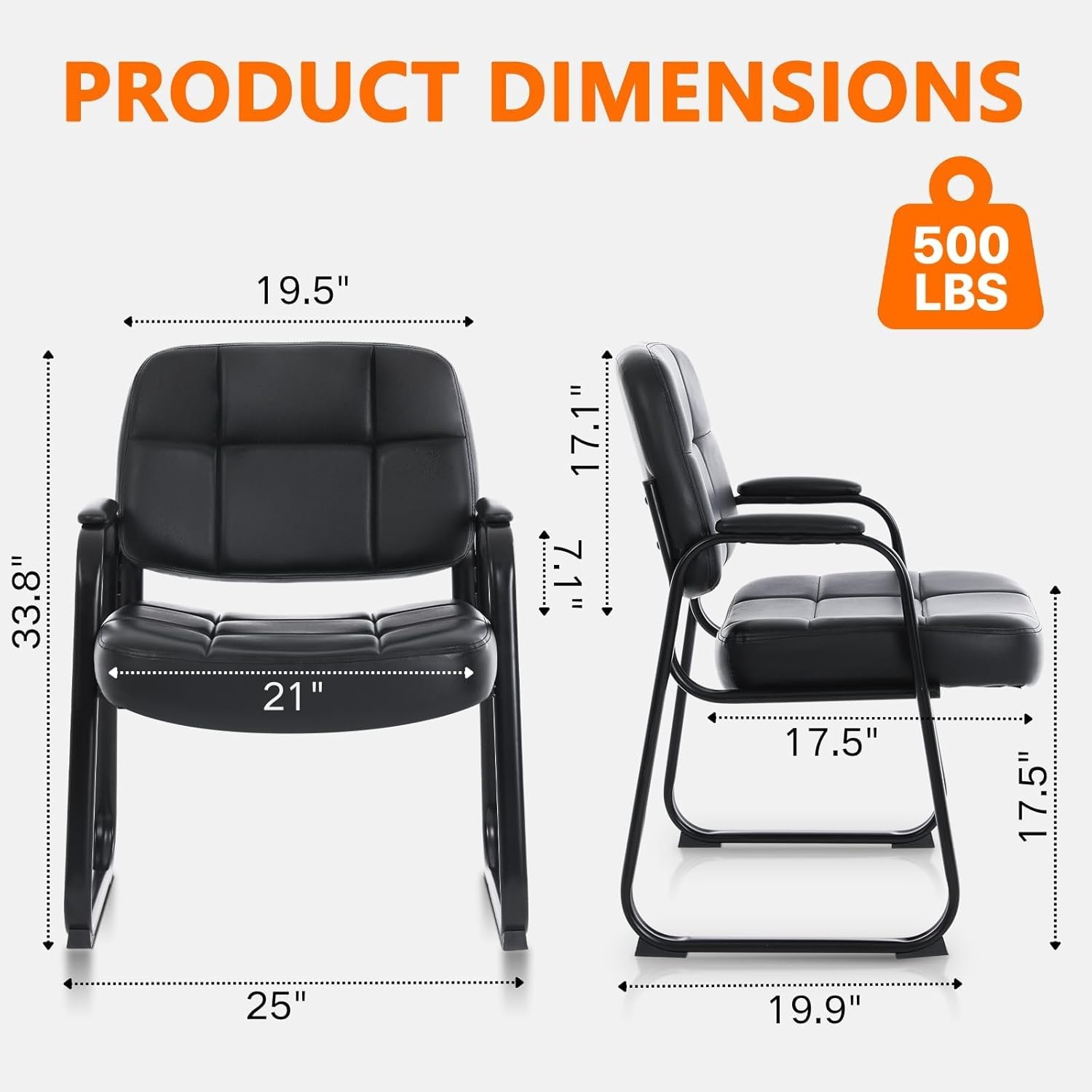 image:imageCLATINA Leather Office Guest Waiting Room Chair Sets of 4 Reception Chair No Wheels with Armrests and Lumber Support Stationary Desk Armchair for Meeting Conference Lobby Shool Study GreyBlackseldbase500lbs