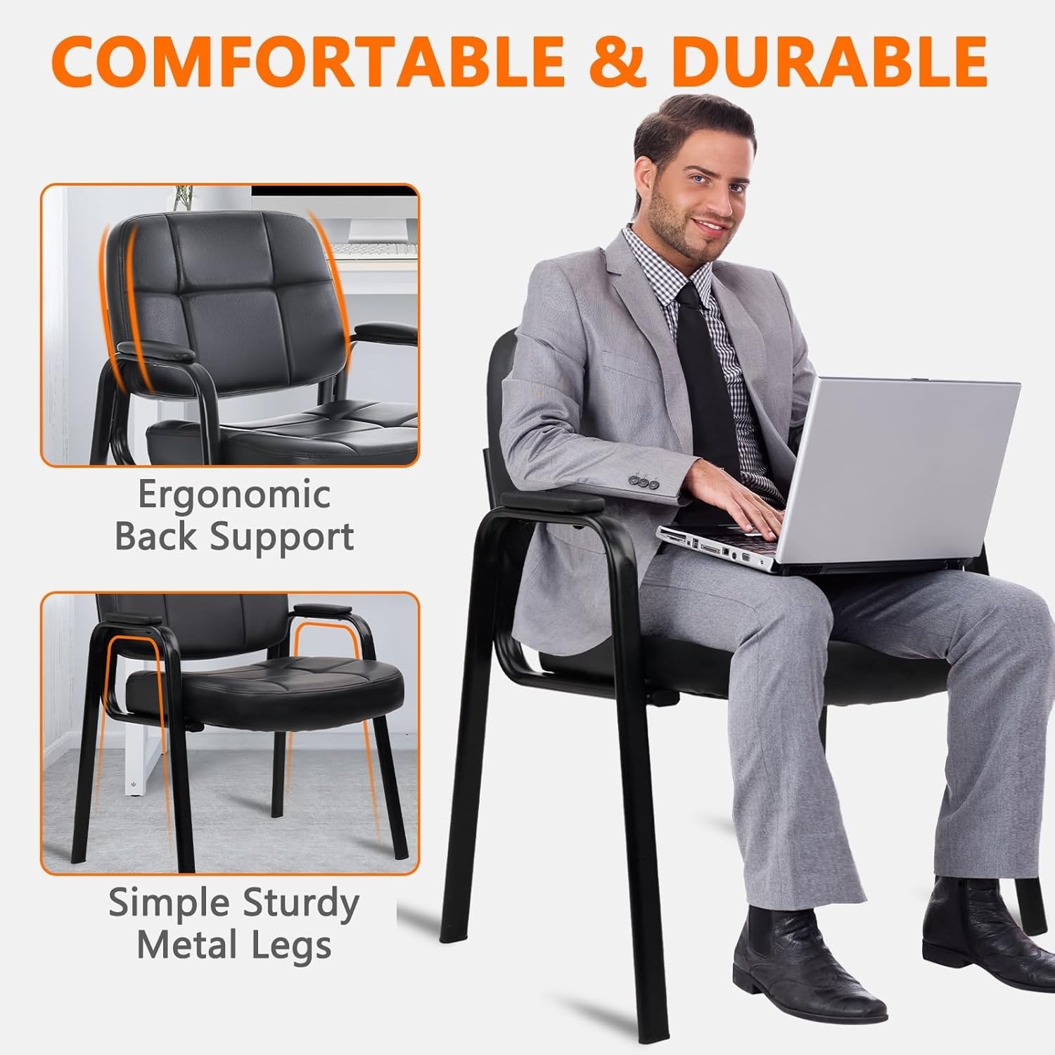 image:imageCLATINA Leather Office Guest Waiting Room Chair Sets of 4 Reception Chair No Wheels with Armrests and Lumber Support Stationary Desk Armchair for Meeting Conference Lobby Shool Study GreyBlack500lbs
