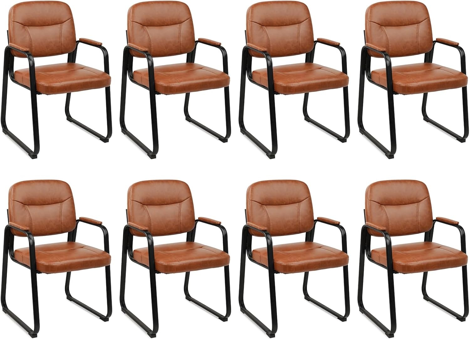 image:imageCLATINA Leather Office Guest Waiting Room Chair Sets of 4 Reception Chair No Wheels with Armrests and Lumber Support Stationary Desk Armchair for Meeting Conference Lobby Shool Study GreyBrownsled Base