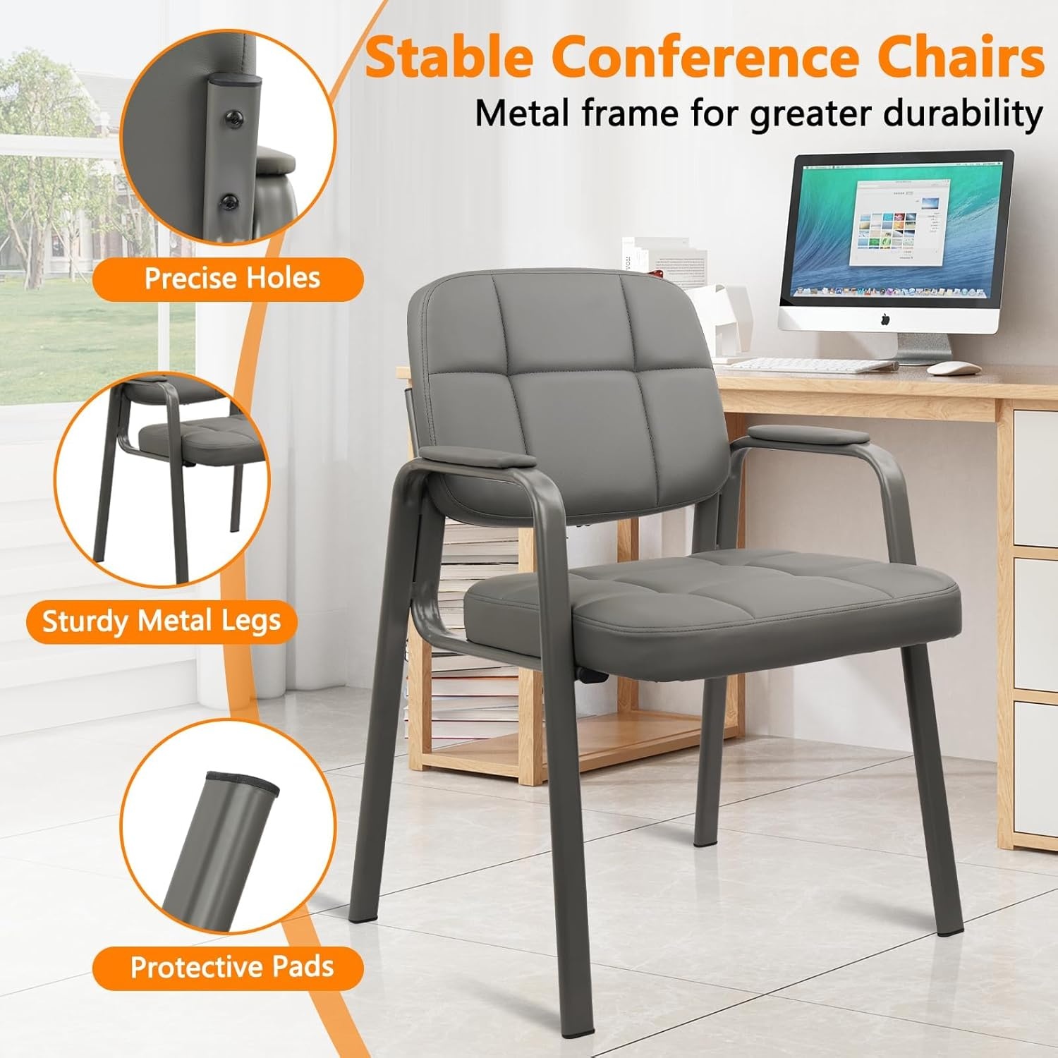 image:imageCLATINA Leather Office Guest Waiting Room Chair Sets of 4 Reception Chair No Wheels with Armrests and Lumber Support Stationary Desk Armchair for Meeting Conference Lobby Shool Study GreyGrey