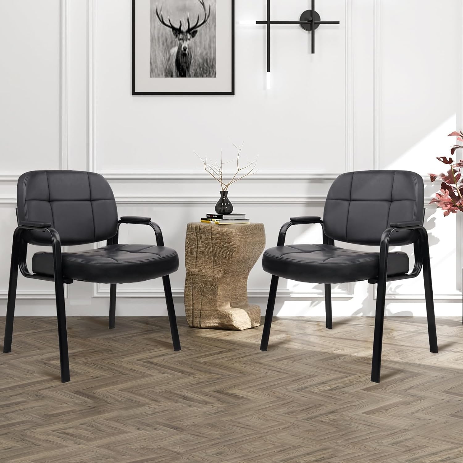 image:imageCLATINA Leather Office Guest Waiting Room Chair Sets of 4 Reception Chair No Wheels with Armrests and Lumber Support Stationary Desk Armchair for Meeting Conference Lobby Shool Study GreyBlack500lbs