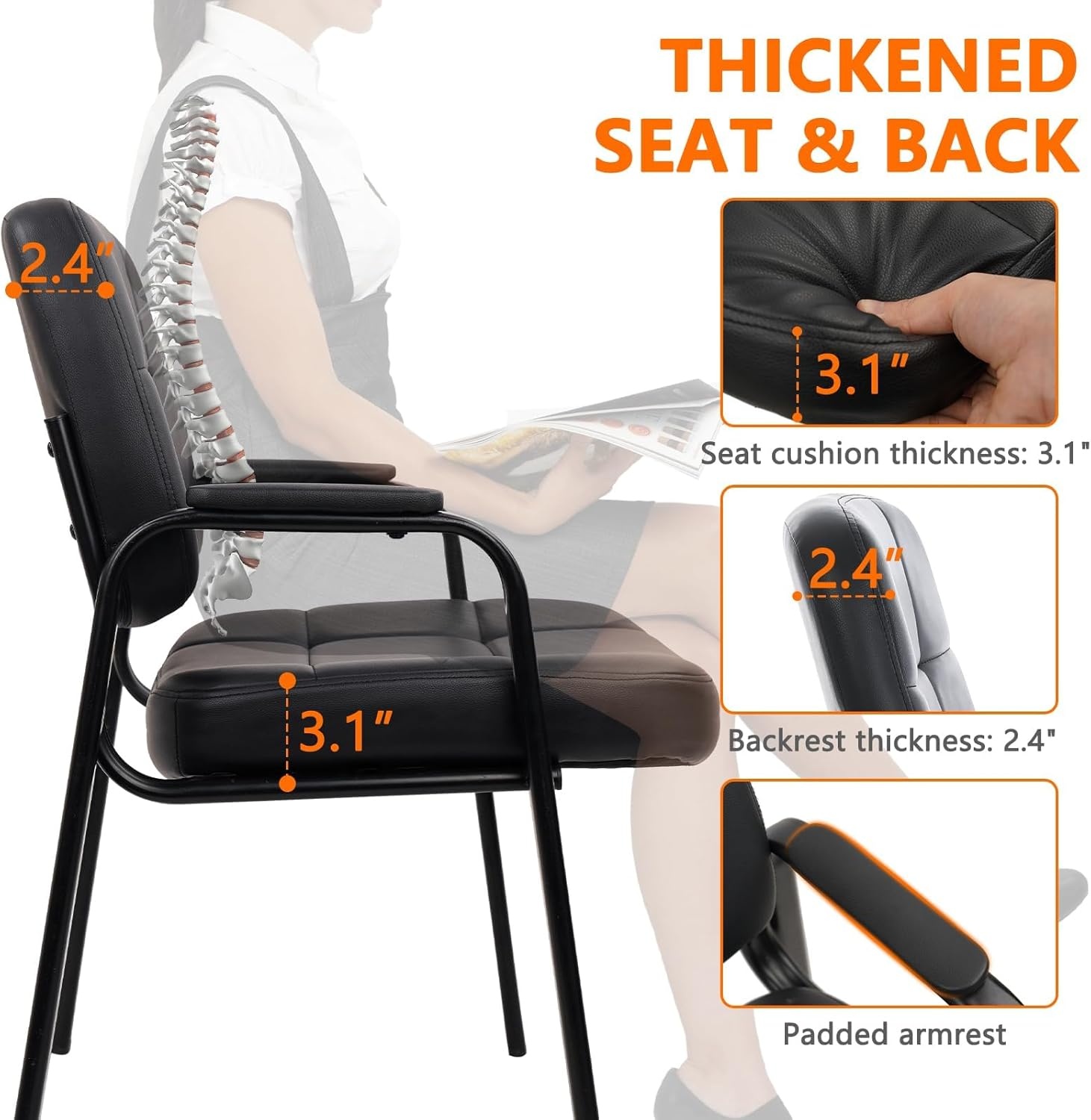 image:imageCLATINA Leather Office Guest Waiting Room Chair Sets of 4 Reception Chair No Wheels with Armrests and Lumber Support Stationary Desk Armchair for Meeting Conference Lobby Shool Study GreyBlack500lbs