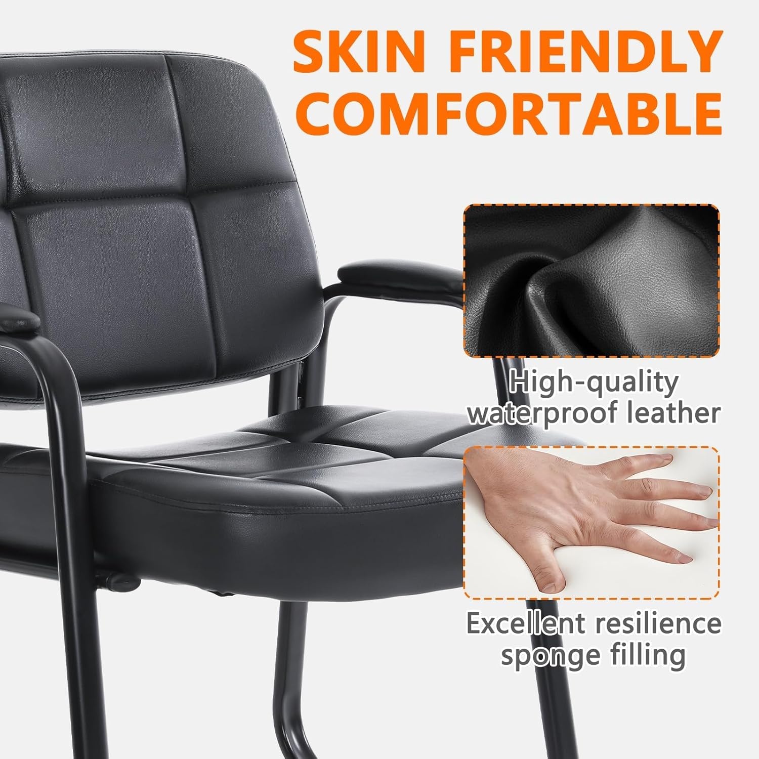 image:imageCLATINA Leather Office Guest Waiting Room Chair Sets of 4 Reception Chair No Wheels with Armrests and Lumber Support Stationary Desk Armchair for Meeting Conference Lobby Shool Study GreyBlackseldbase500lbs