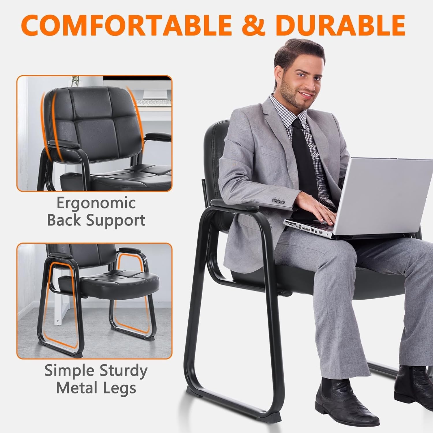 image:imageCLATINA Leather Office Guest Waiting Room Chair Sets of 4 Reception Chair No Wheels with Armrests and Lumber Support Stationary Desk Armchair for Meeting Conference Lobby Shool Study GreyBlackseldbase500lbs