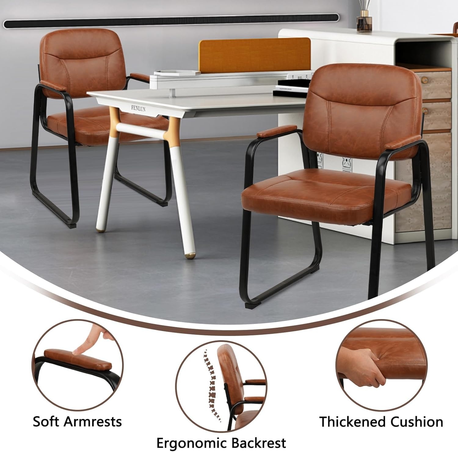 image:imageCLATINA Leather Office Guest Waiting Room Chair Sets of 4 Reception Chair No Wheels with Armrests and Lumber Support Stationary Desk Armchair for Meeting Conference Lobby Shool Study GreyBrownsled Base