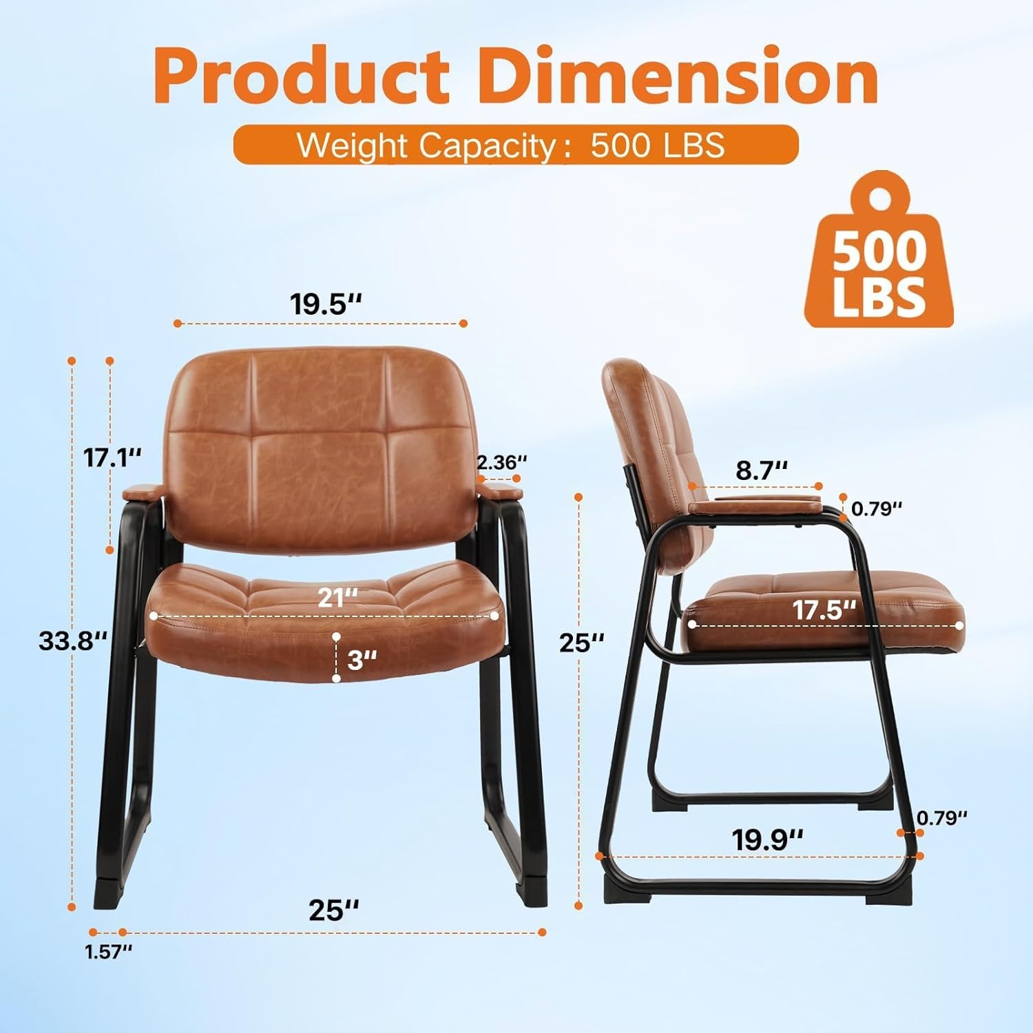 image:imageCLATINA Leather Office Guest Waiting Room Chair Sets of 4 Reception Chair No Wheels with Armrests and Lumber Support Stationary Desk Armchair for Meeting Conference Lobby Shool Study GreyBrownseldbase500lbs