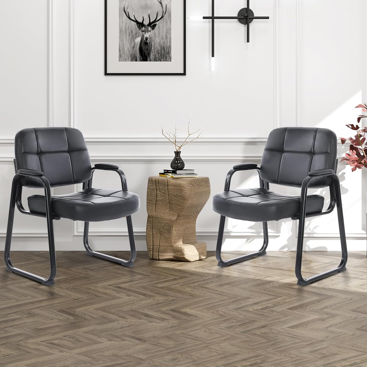 image:imageCLATINA Leather Office Guest Waiting Room Chair Sets of 4 Reception Chair No Wheels with Armrests and Lumber Support Stationary Desk Armchair for Meeting Conference Lobby Shool Study GreyBlackseldbase500lbs