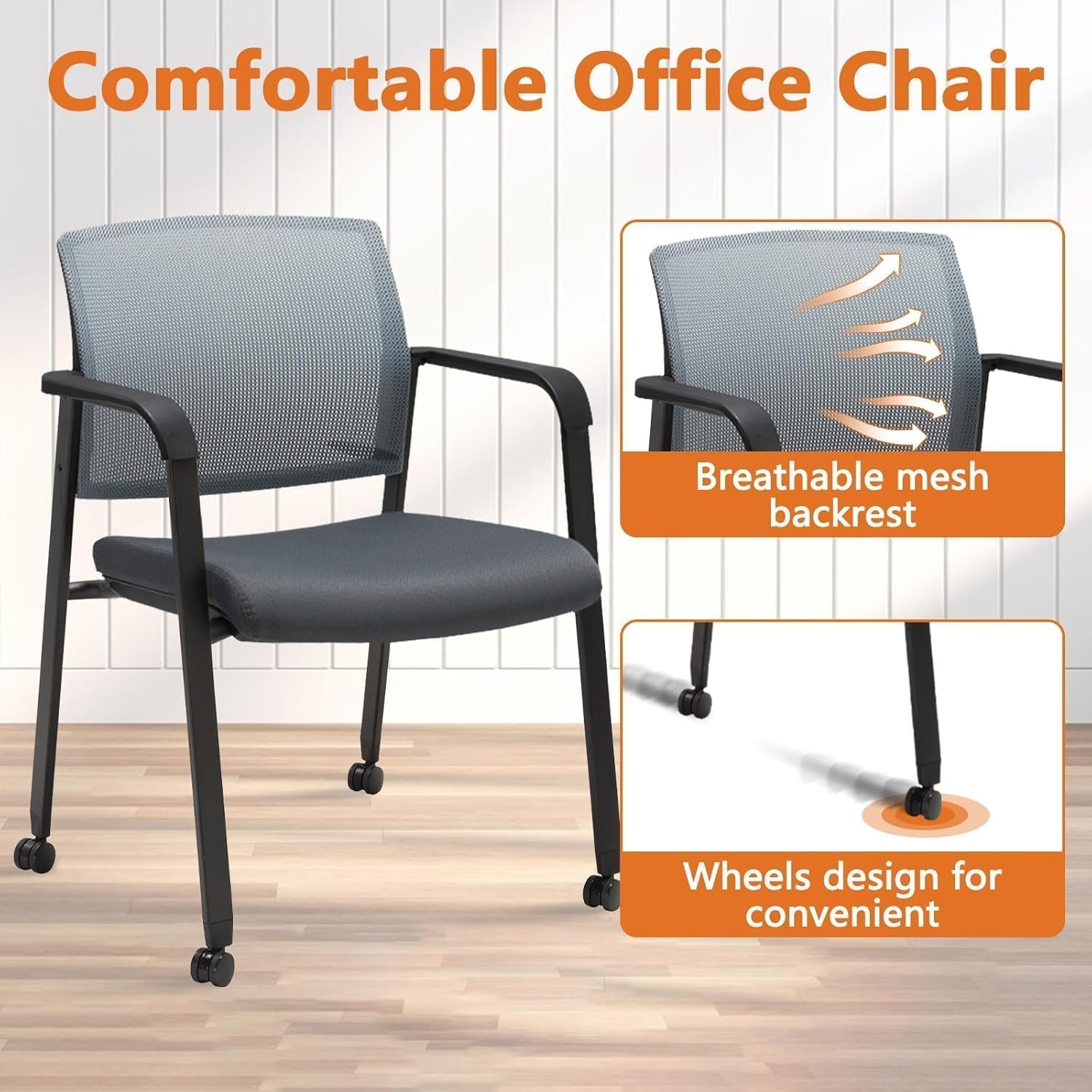 image:imageCLATINA Mesh Back Stacking Arm Chairs with Upholstered Fabric Seat and Ergonomic Lumber Support for Office School Church Guest Reception Black 4 Pack Set New VersionWithwheels Gray