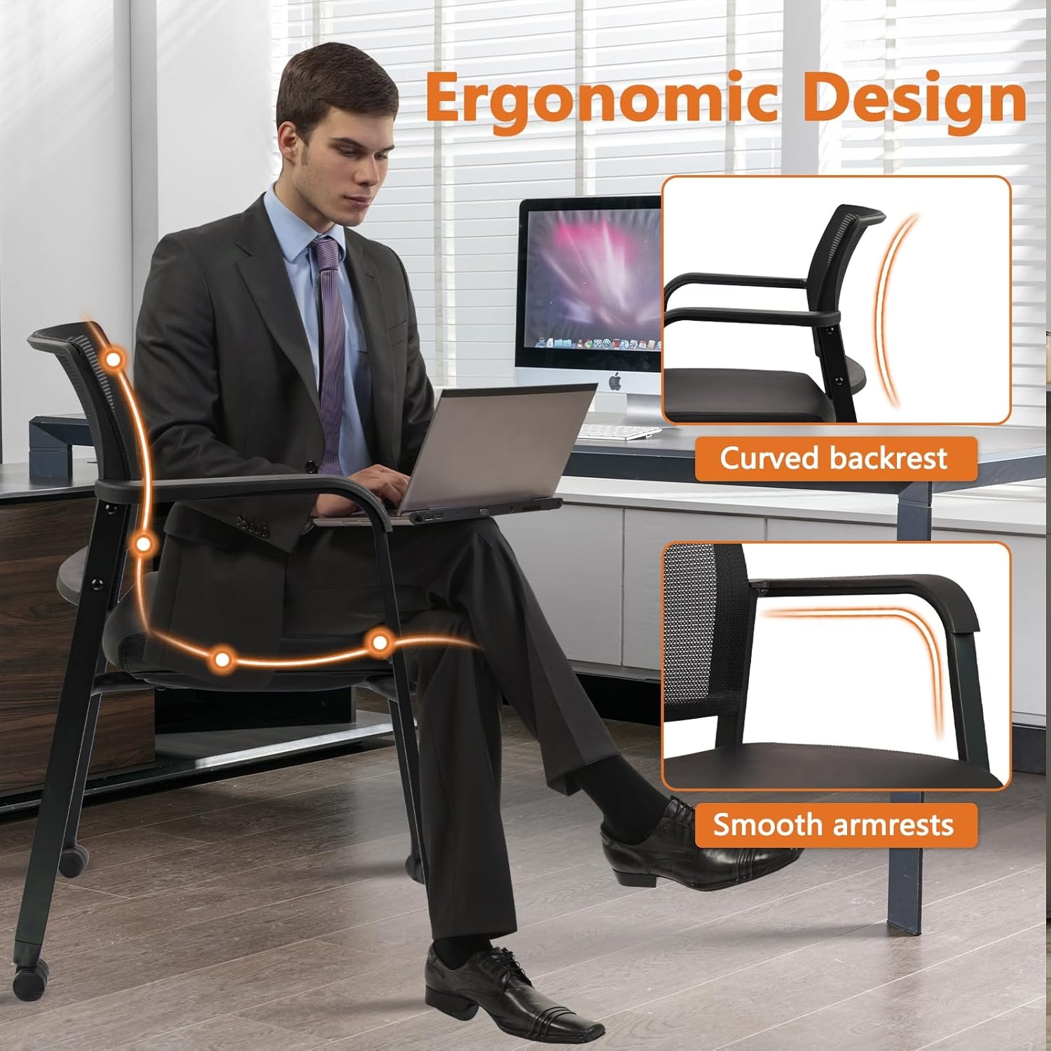 image:imageCLATINA Mesh Back Stacking Arm Chairs with Upholstered Fabric Seat and Ergonomic Lumber Support for Office School Church Guest Reception Black 4 Pack Set New VersionWithwheels Black Leather