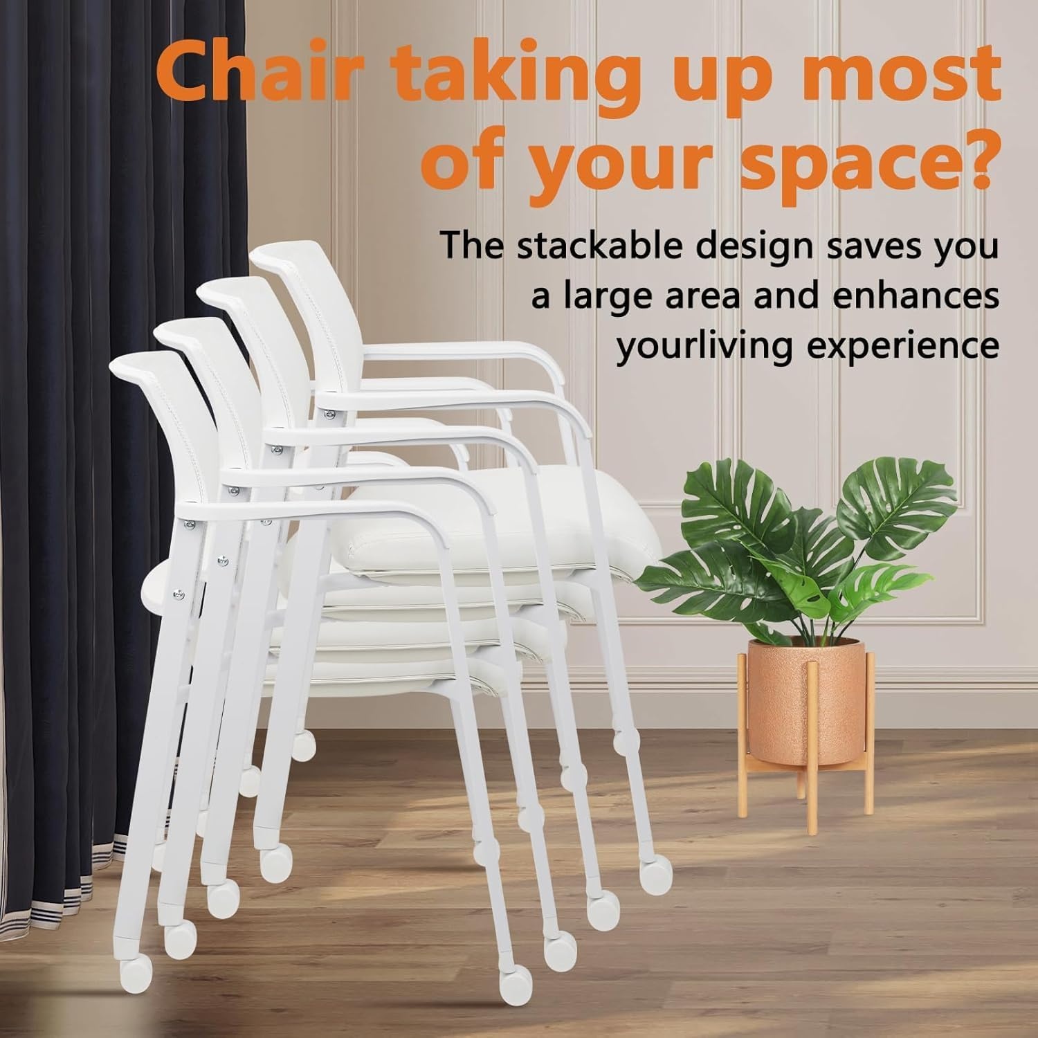 image:imageCLATINA Mesh Back Stacking Arm Chairs with Upholstered Fabric Seat and Ergonomic Lumber Support for Office School Church Guest Reception Black 4 Pack Set New VersionWithwheels White Leather