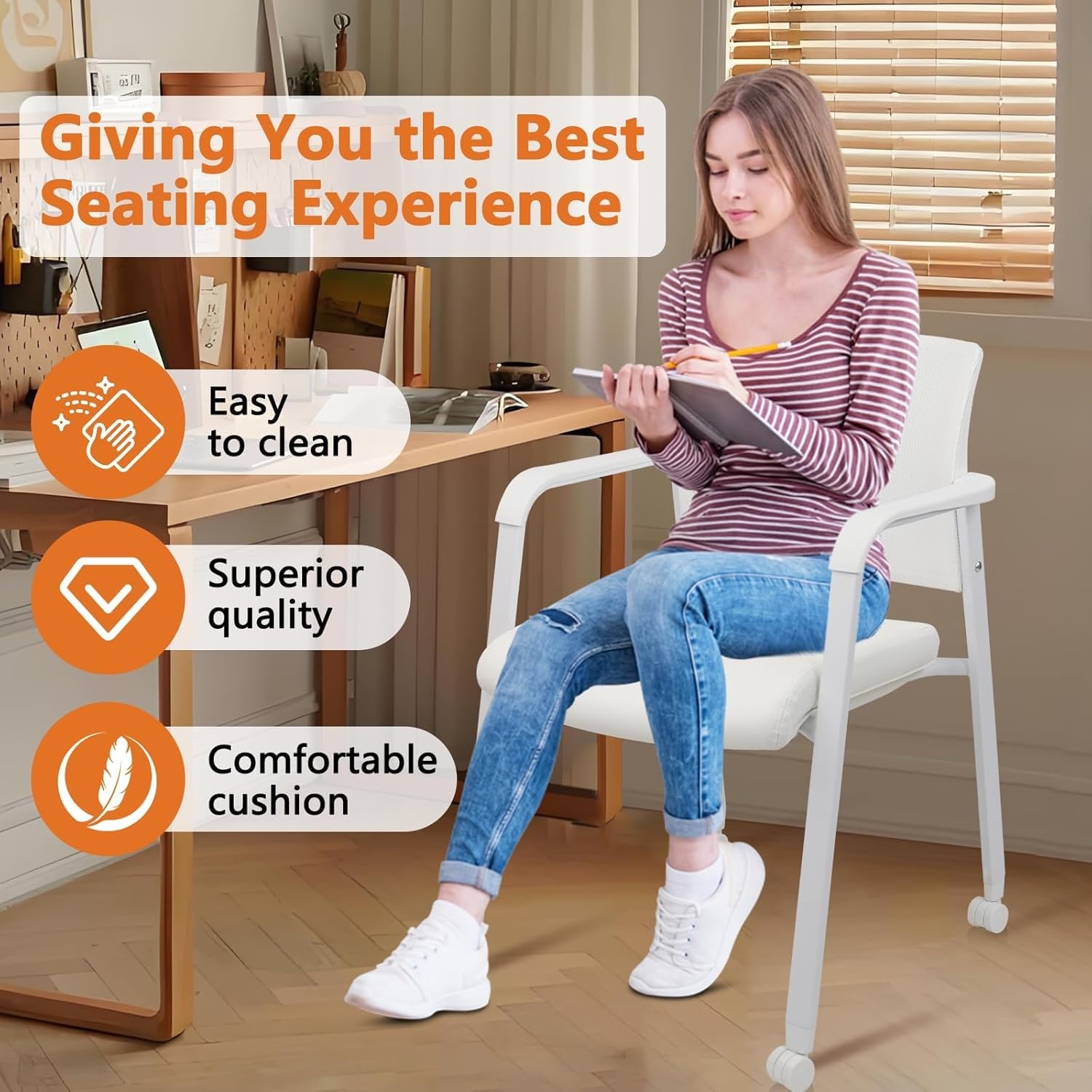 image:imageCLATINA Mesh Back Stacking Arm Chairs with Upholstered Fabric Seat and Ergonomic Lumber Support for Office School Church Guest Reception Black 4 Pack Set New VersionWithwheels White Leather