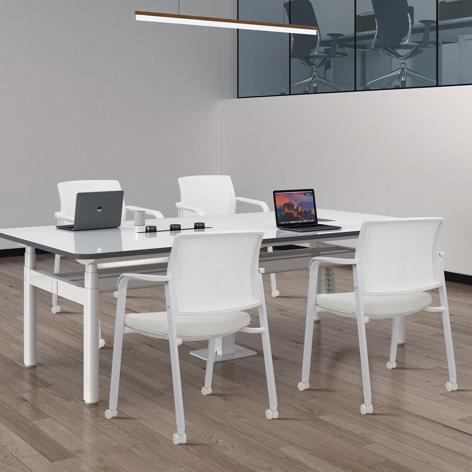 image:imageCLATINA Mesh Back Stacking Arm Chairs with Upholstered Fabric Seat and Ergonomic Lumber Support for Office School Church Guest Reception Black 4 Pack Set New VersionWithwheels White Leather