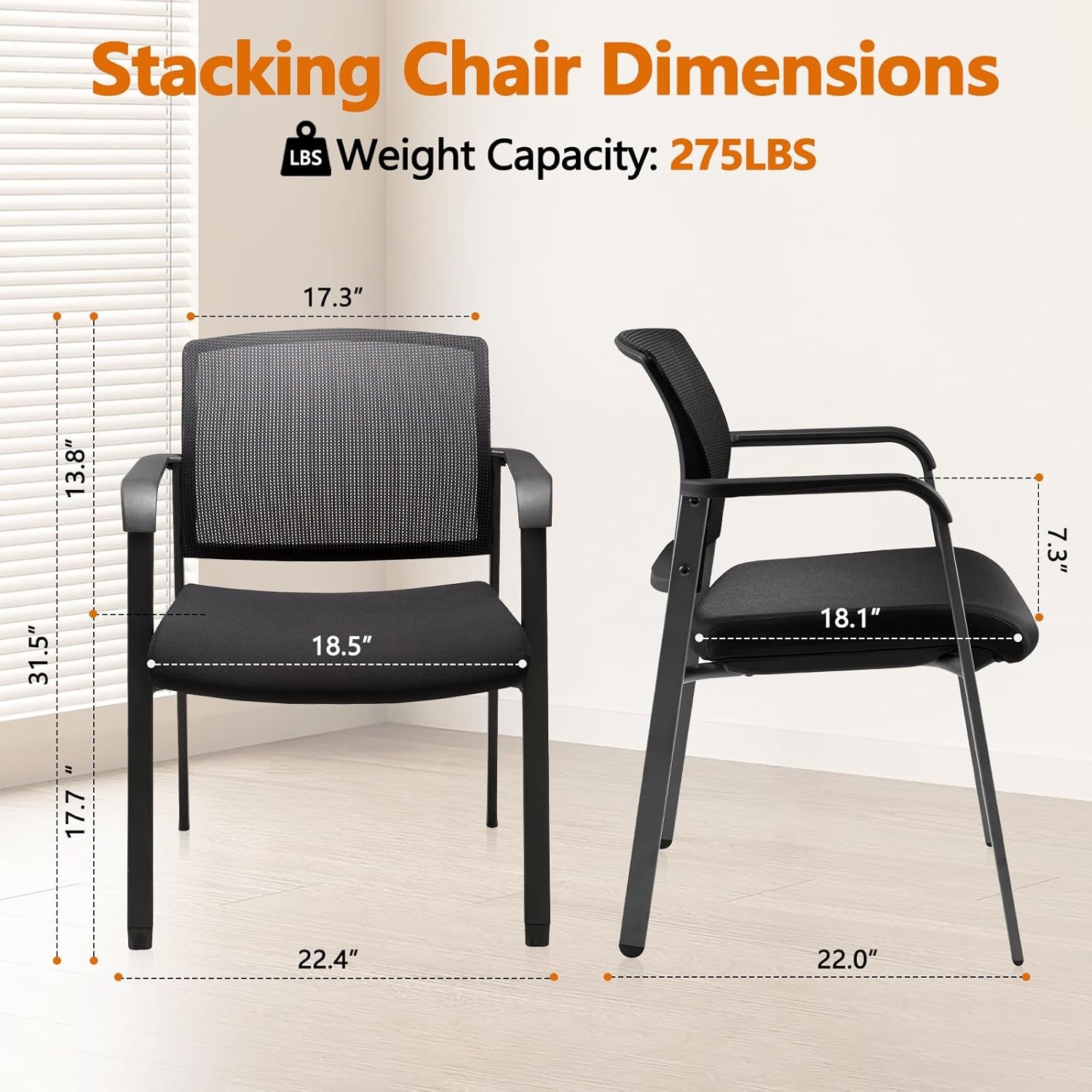 image:imageCLATINA Mesh Back Stacking Arm Chairs with Upholstered Fabric Seat and Ergonomic Lumber Support for Office School Church Guest Reception Black 4 Pack Set New VersionBlack
