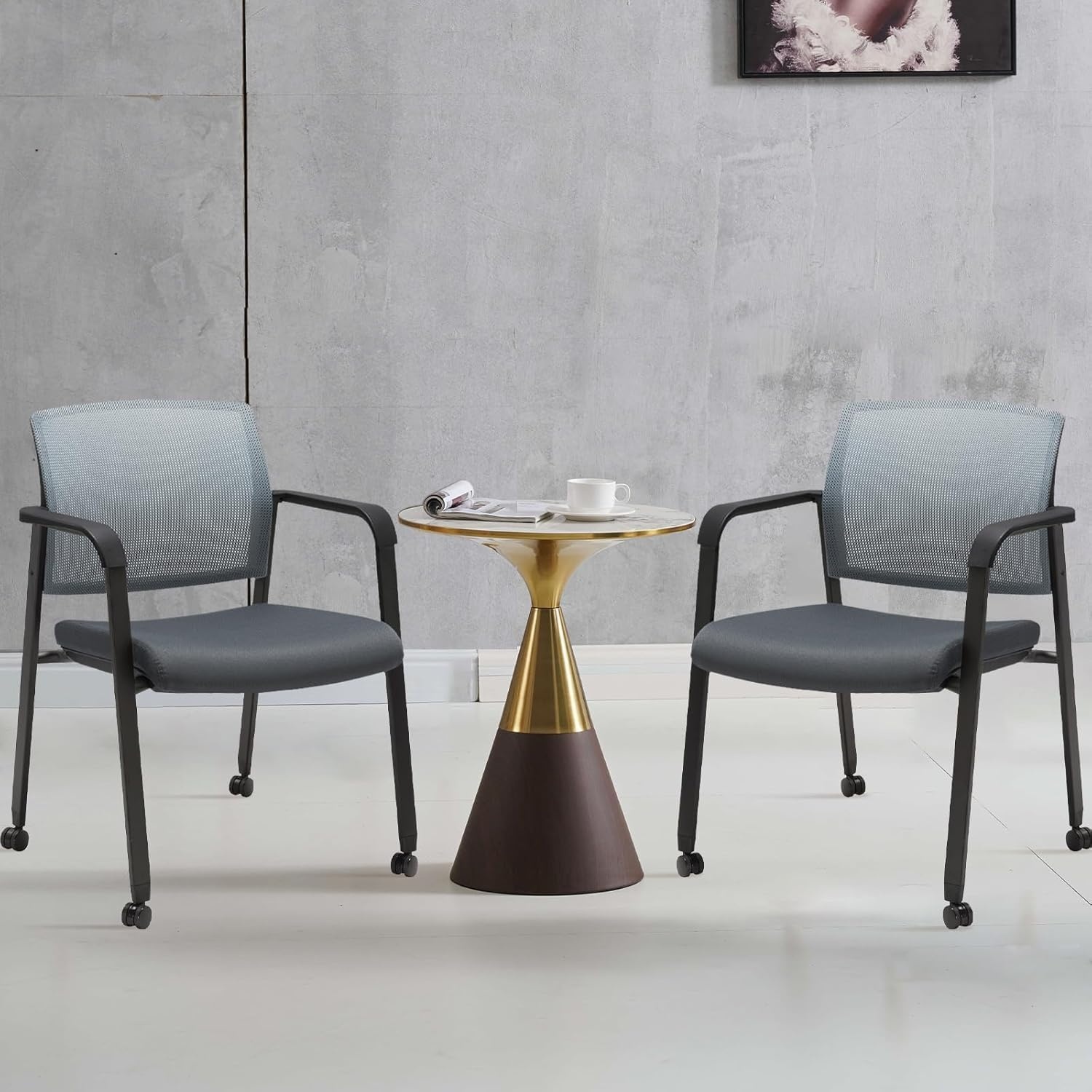 image:imageCLATINA Mesh Back Stacking Arm Chairs with Upholstered Fabric Seat and Ergonomic Lumber Support for Office School Church Guest Reception Black 4 Pack Set New VersionWithwheels Gray