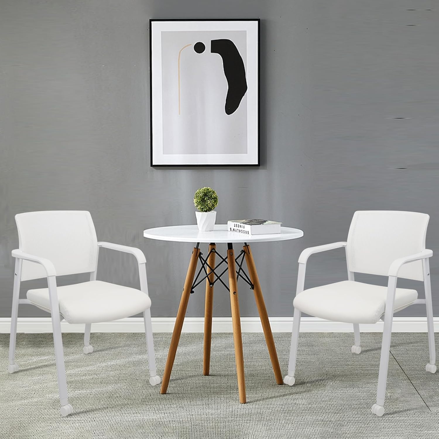 image:imageCLATINA Mesh Back Stacking Arm Chairs with Upholstered Fabric Seat and Ergonomic Lumber Support for Office School Church Guest Reception Black 4 Pack Set New VersionWithwheels White Leather