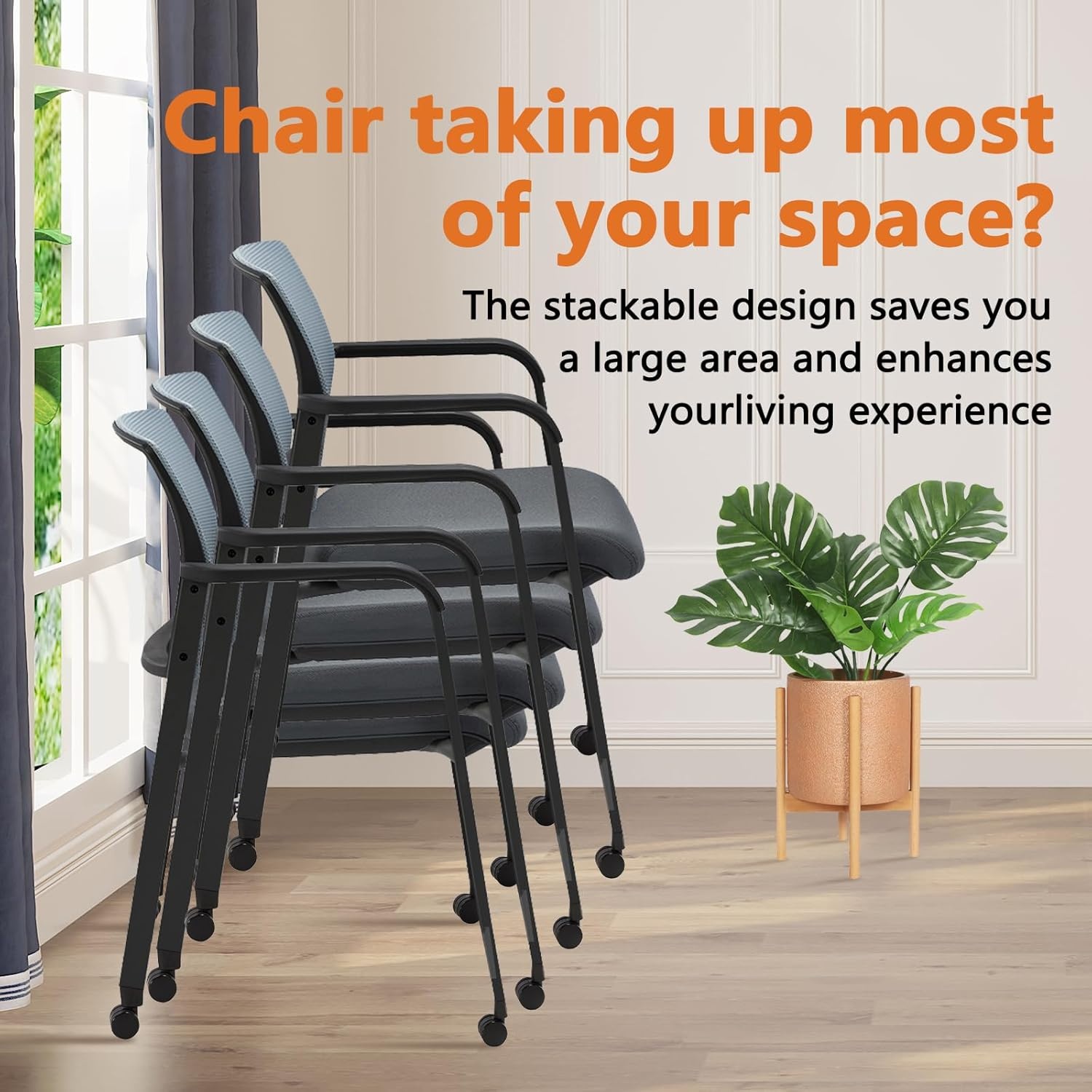 image:imageCLATINA Mesh Back Stacking Arm Chairs with Upholstered Fabric Seat and Ergonomic Lumber Support for Office School Church Guest Reception Black 4 Pack Set New VersionWithwheels Gray