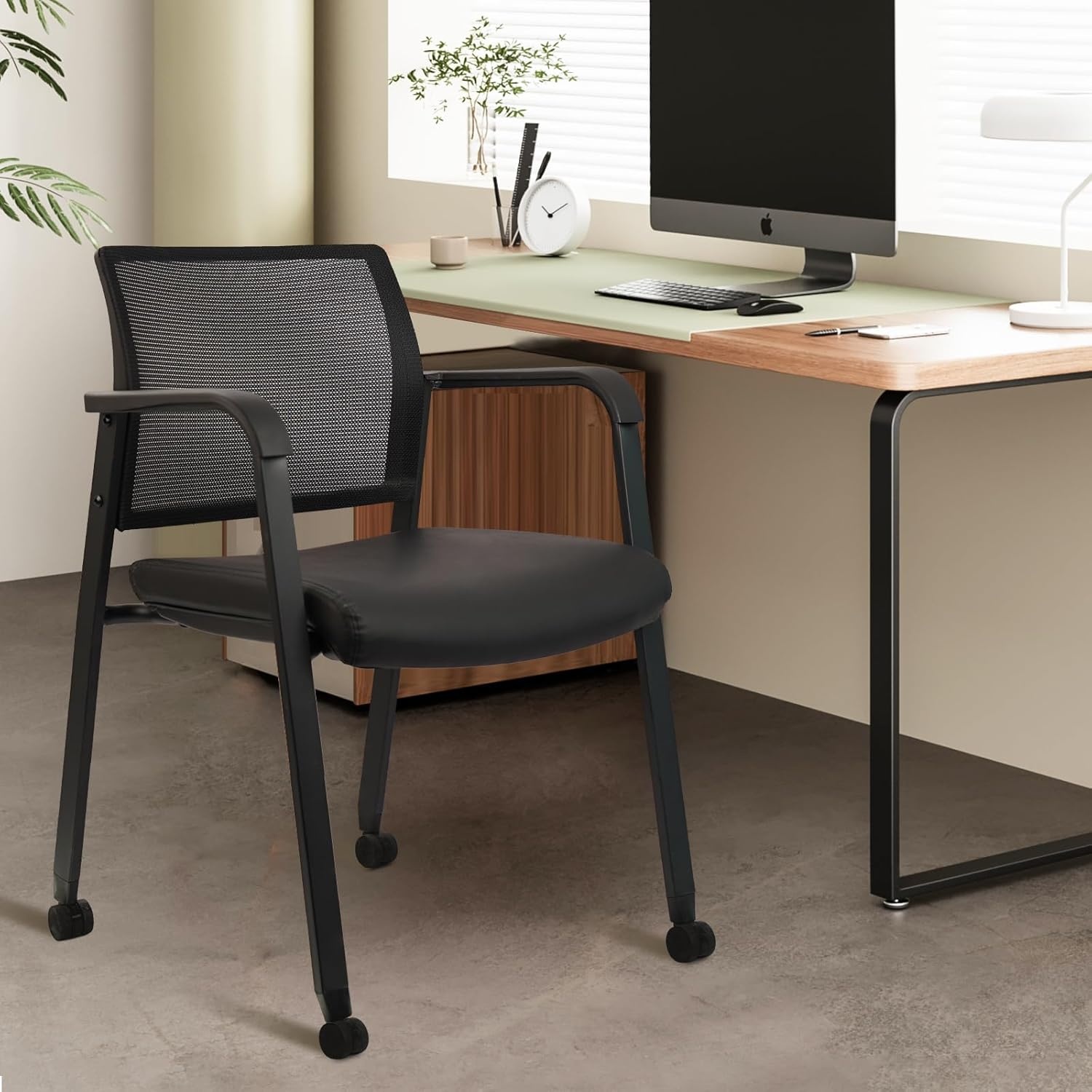 image:imageCLATINA Mesh Back Stacking Arm Chairs with Upholstered Fabric Seat and Ergonomic Lumber Support for Office School Church Guest Reception Black 4 Pack Set New VersionWithwheels Black Leather