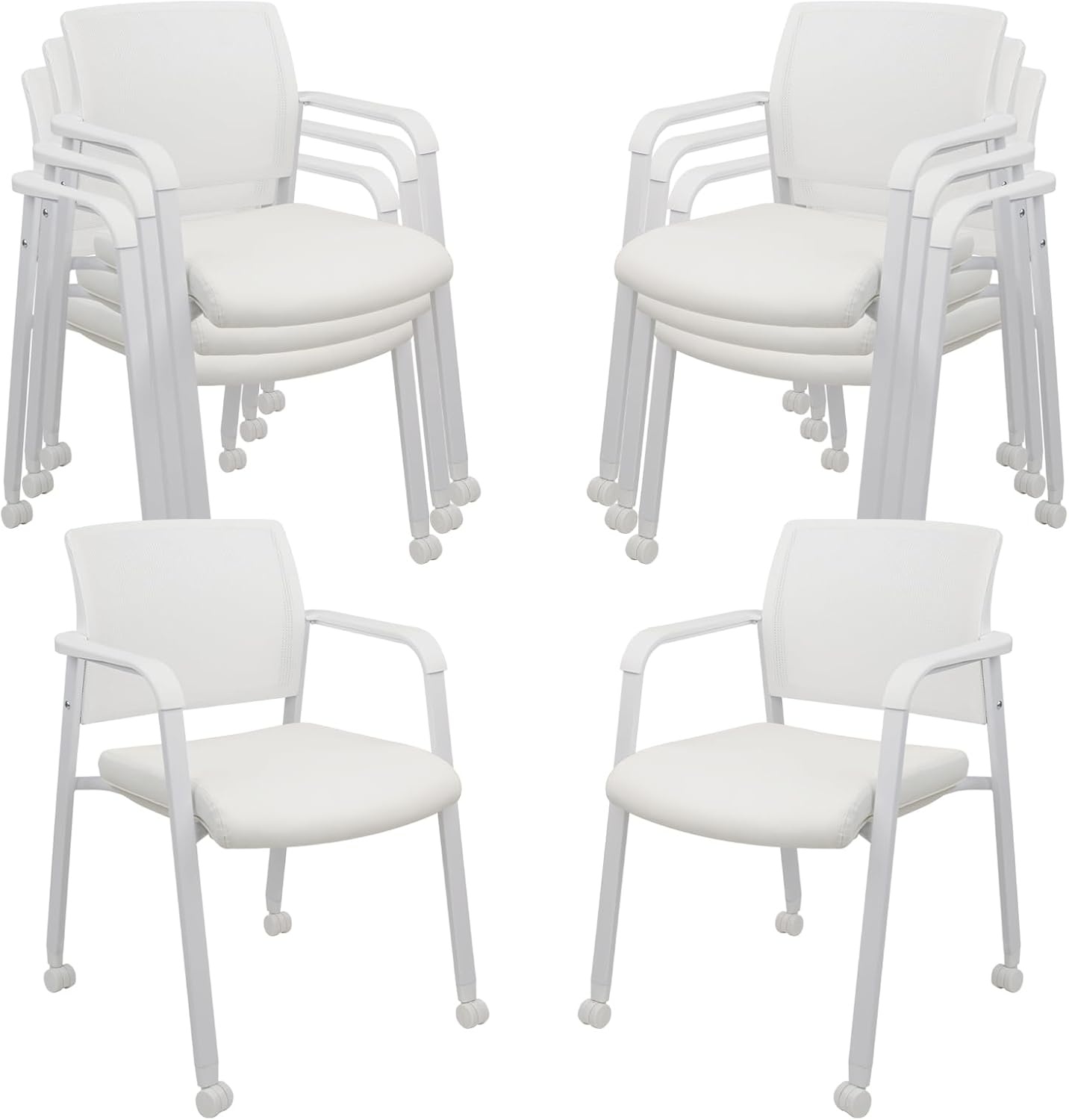 image:imageCLATINA Mesh Back Stacking Arm Chairs with Upholstered Fabric Seat and Ergonomic Lumber Support for Office School Church Guest Reception Black 4 Pack Set New VersionWithwheels White Leather