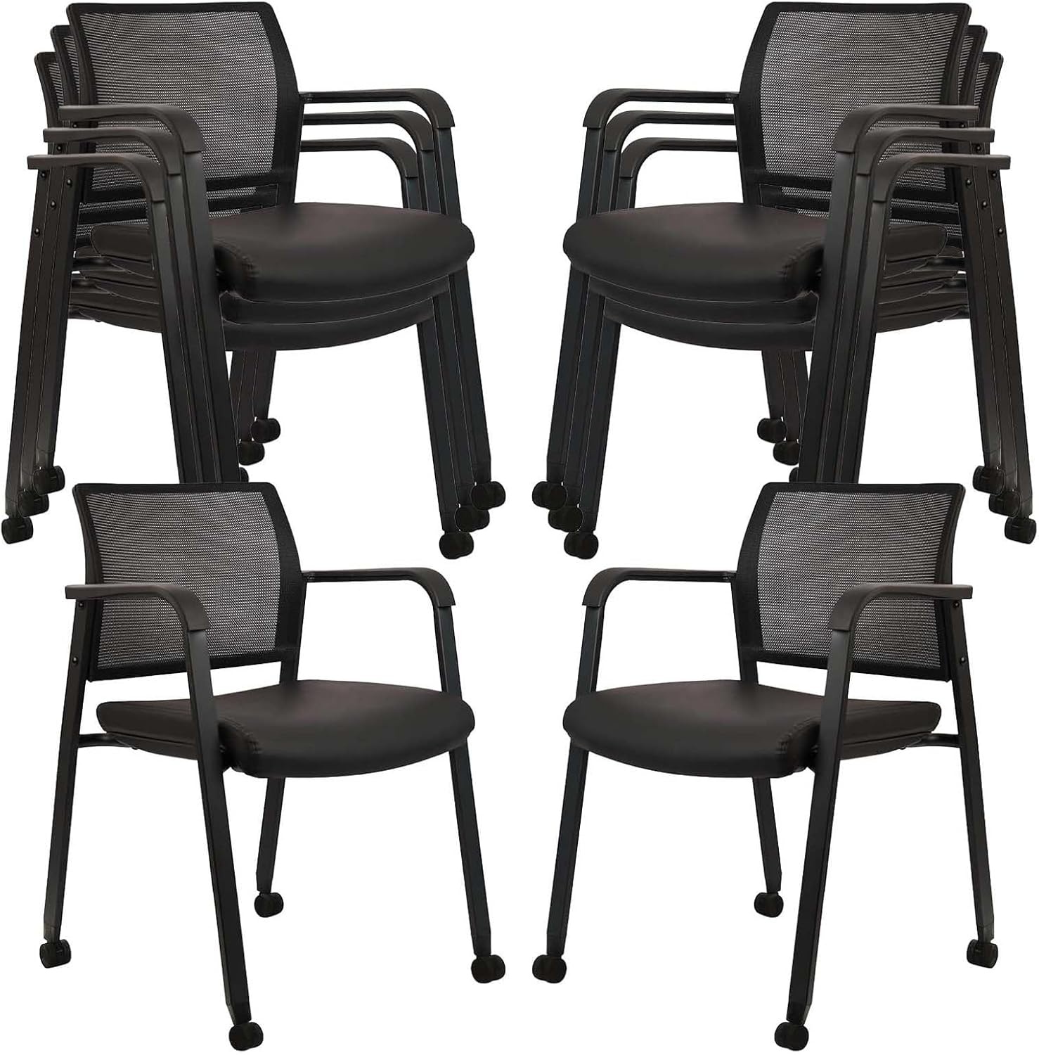 image:imageCLATINA Mesh Back Stacking Arm Chairs with Upholstered Fabric Seat and Ergonomic Lumber Support for Office School Church Guest Reception Black 4 Pack Set New VersionWithwheels Black Leather