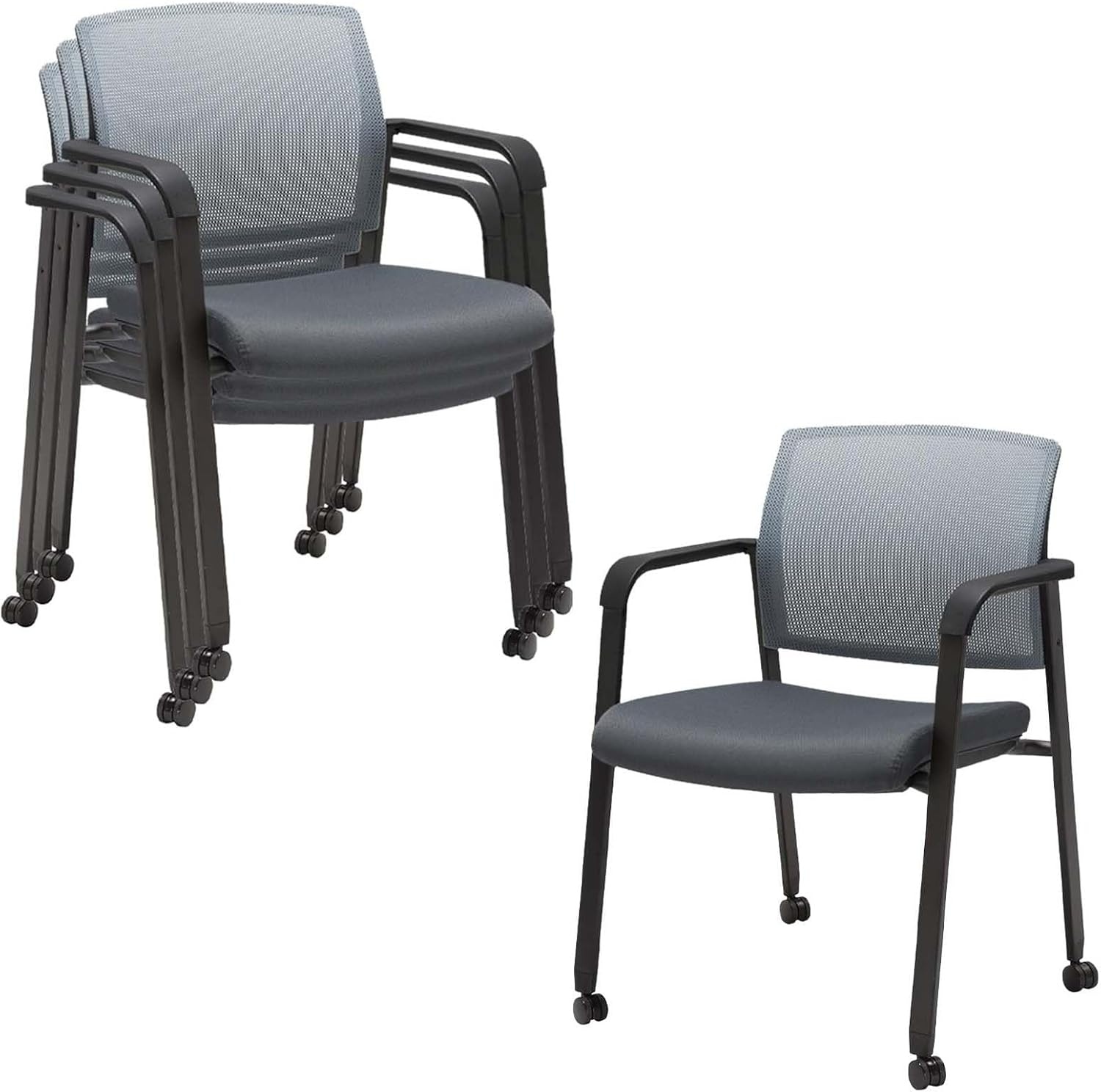 image:imageCLATINA Mesh Back Stacking Arm Chairs with Upholstered Fabric Seat and Ergonomic Lumber Support for Office School Church Guest Reception Black 4 Pack Set New VersionWithwheels Gray