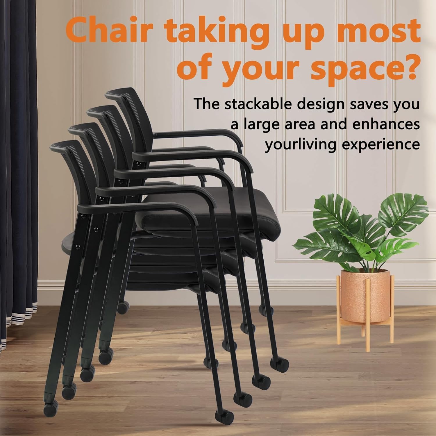 image:imageCLATINA Mesh Back Stacking Arm Chairs with Upholstered Fabric Seat and Ergonomic Lumber Support for Office School Church Guest Reception Black 4 Pack Set New VersionWithwheels Black Leather