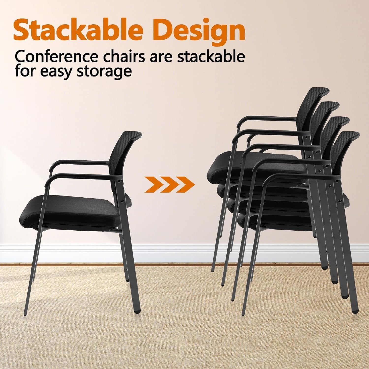 image:imageCLATINA Mesh Back Stacking Arm Chairs with Upholstered Fabric Seat and Ergonomic Lumber Support for Office School Church Guest Reception Black 4 Pack Set New VersionBlack
