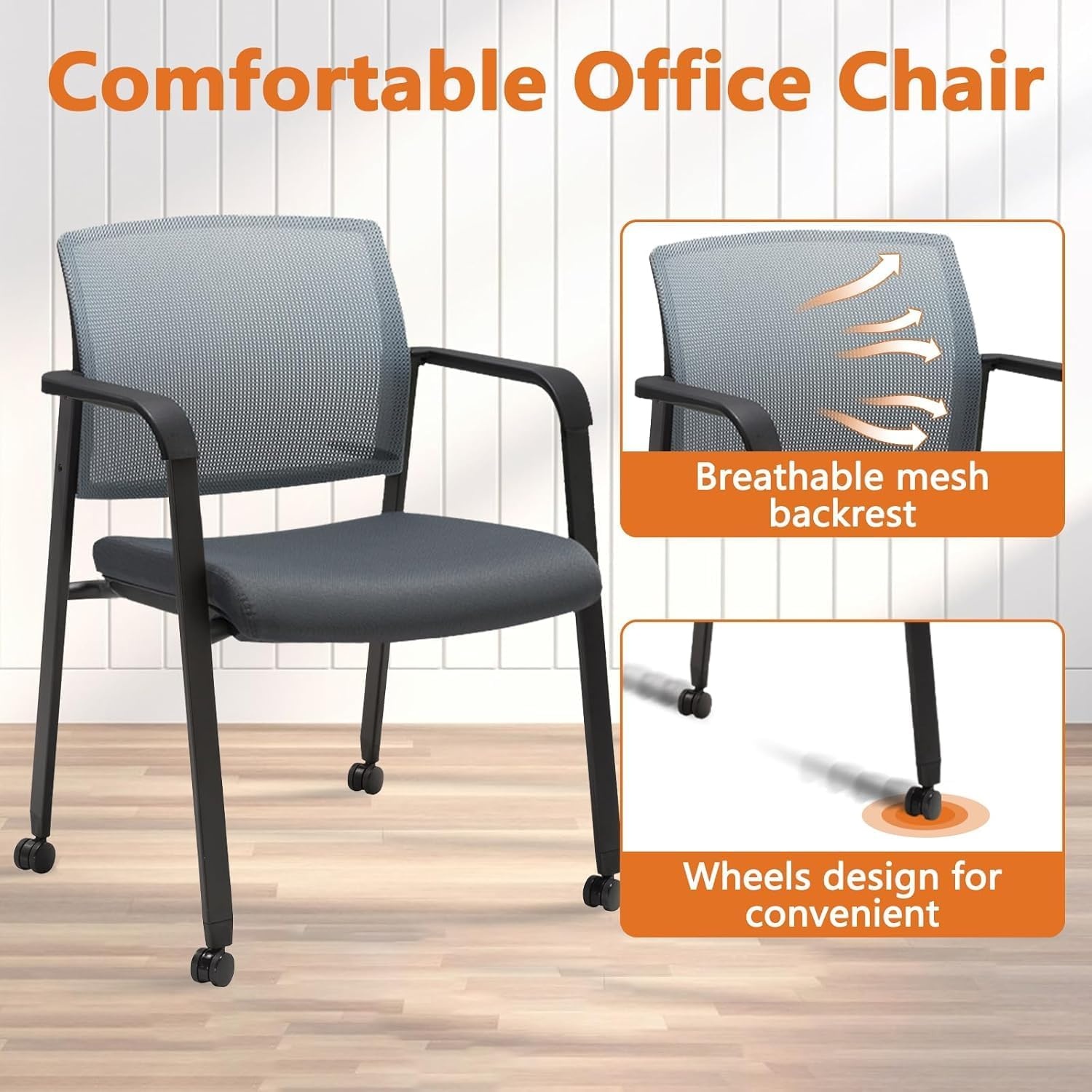 image:imageCLATINA Mesh Back Stacking Arm Chairs with Upholstered Fabric Seat and Ergonomic Lumber Support for Office School Church Guest Reception Black 4 Pack Set New VersionWithwheels Gray