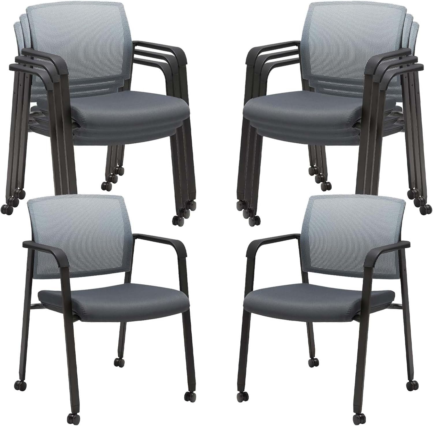 image:imageCLATINA Mesh Back Stacking Arm Chairs with Upholstered Fabric Seat and Ergonomic Lumber Support for Office School Church Guest Reception Black 4 Pack Set New VersionWithwheels Gray