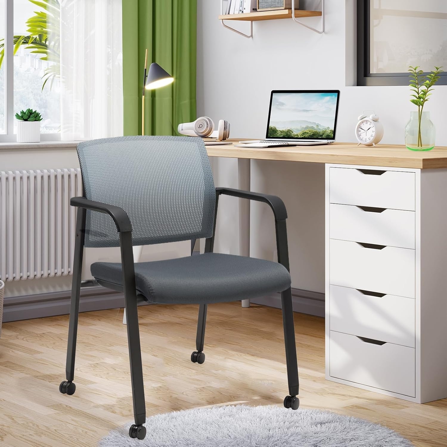 image:imageCLATINA Mesh Back Stacking Arm Chairs with Upholstered Fabric Seat and Ergonomic Lumber Support for Office School Church Guest Reception Black 4 Pack Set New VersionWithwheels Gray