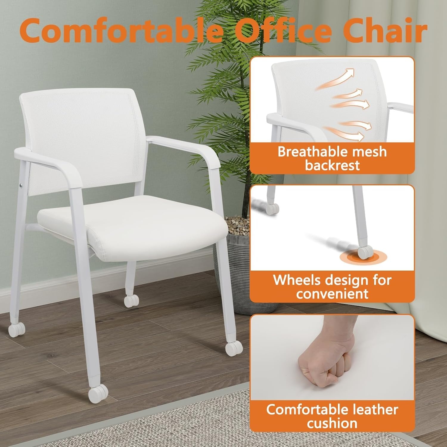 image:imageCLATINA Mesh Back Stacking Arm Chairs with Upholstered Fabric Seat and Ergonomic Lumber Support for Office School Church Guest Reception Black 4 Pack Set New VersionWithwheels White Leather