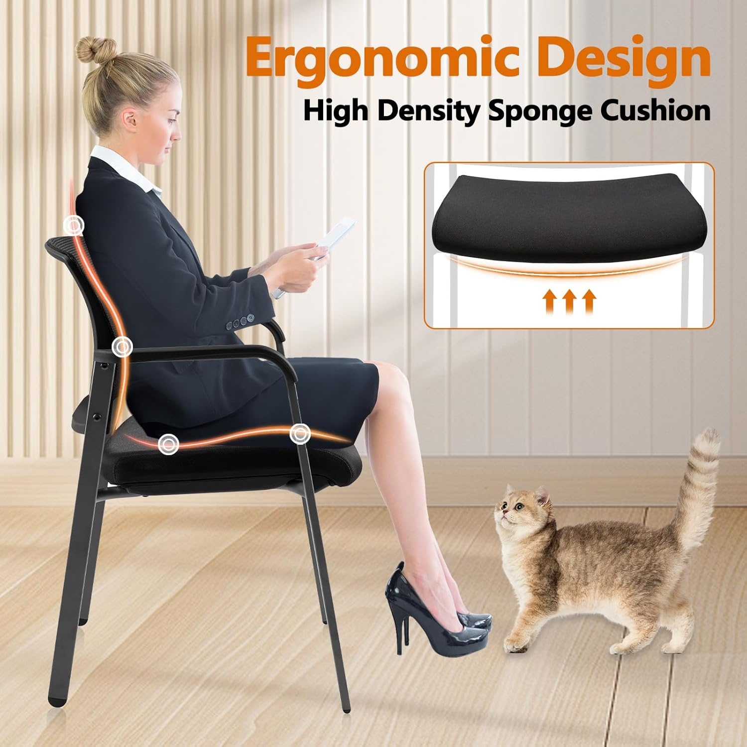 image:imageCLATINA Mesh Back Stacking Arm Chairs with Upholstered Fabric Seat and Ergonomic Lumber Support for Office School Church Guest Reception Black 4 Pack Set New VersionBlack
